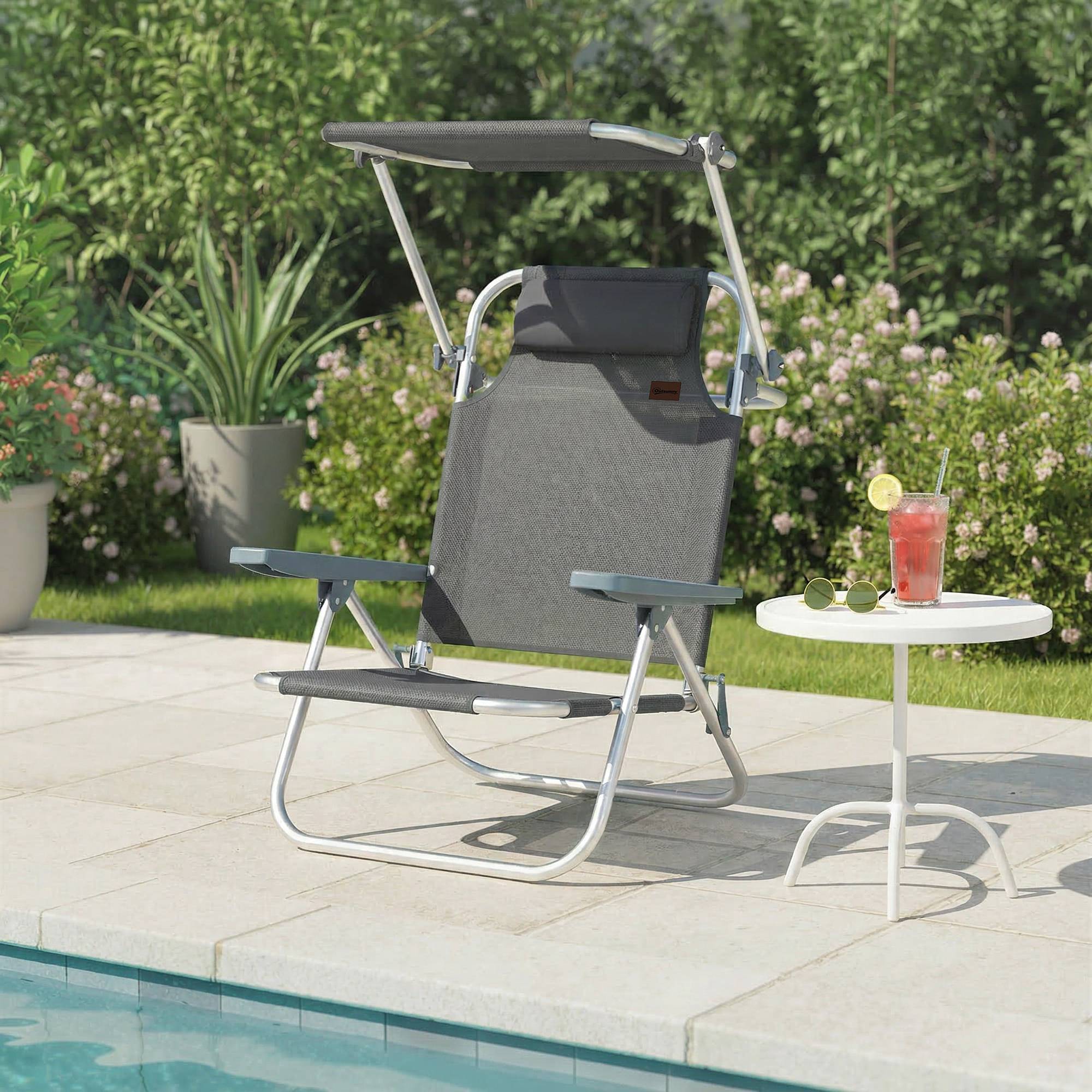 Transat pliant de jardin avec appui-tête, auvent réglable, dossier inclinable 6 positions, 62 x 68 x 79 cm, gris foncé - Image 4