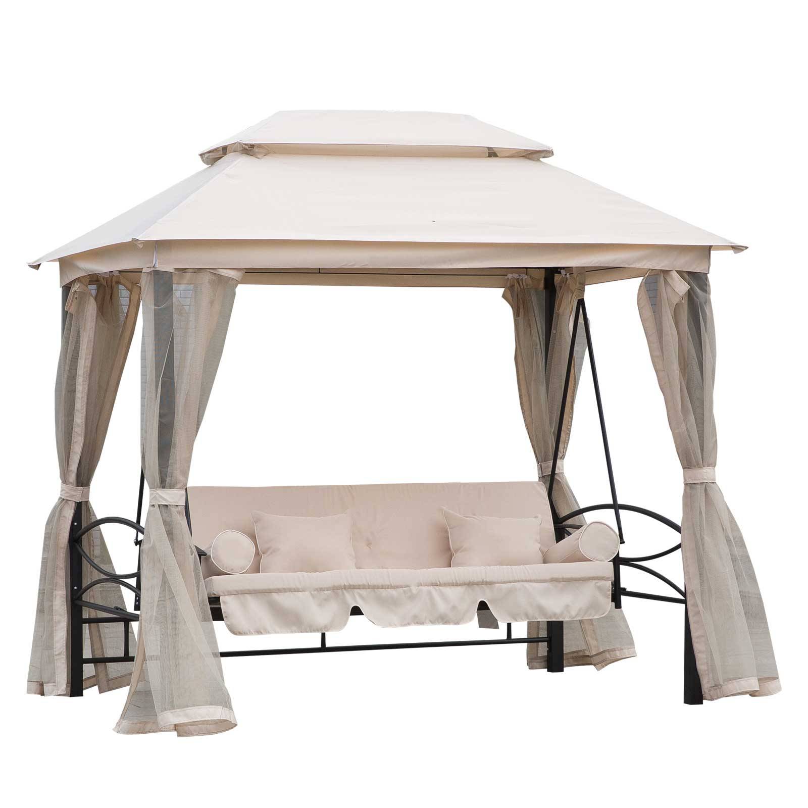 Outsunny - Balancelle de jardin 3 places convertible style colonial grand confort 2 coussins + matelas + moustiquaires inclus noir beige - Outsunny - Imagen 1