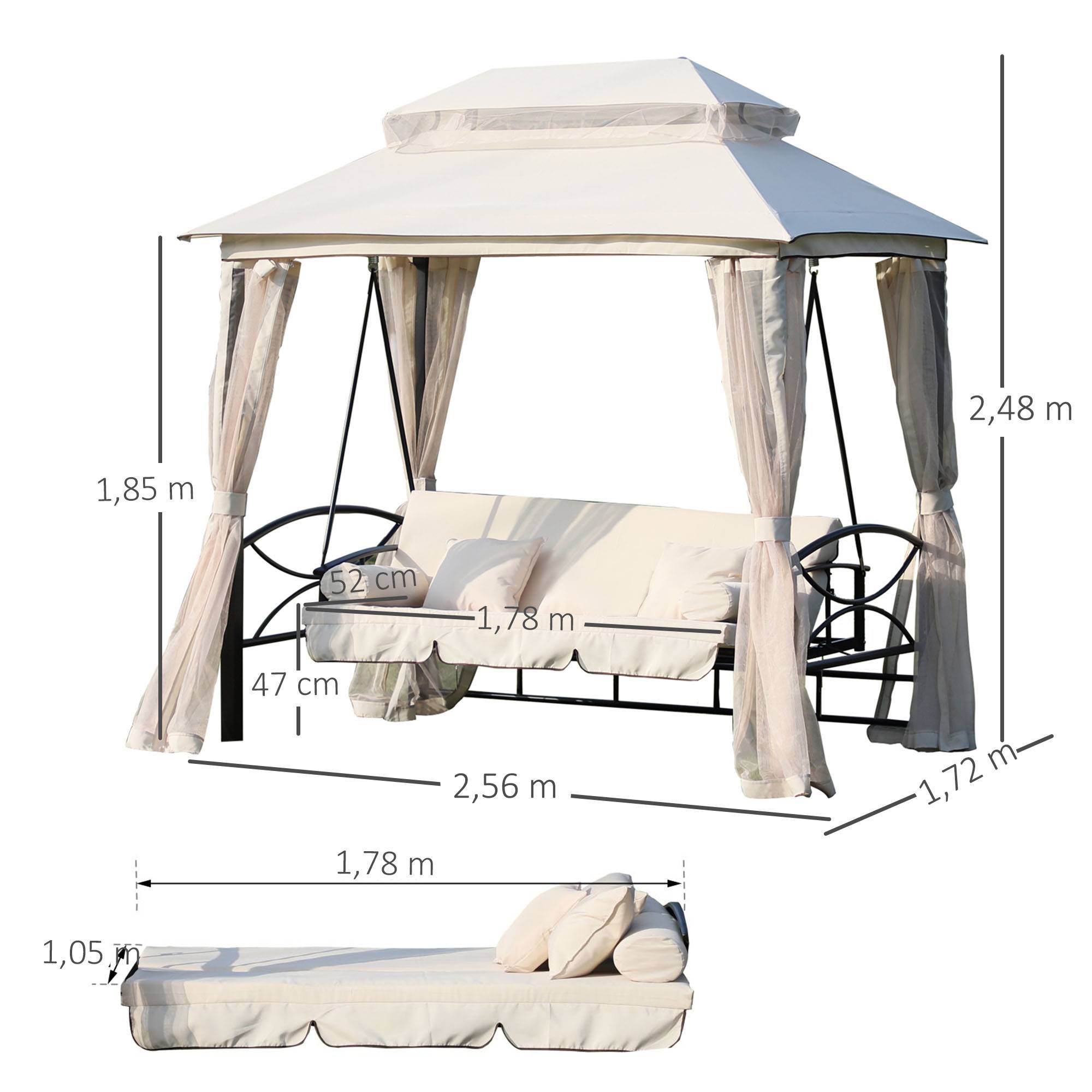 Outsunny - Balancelle de jardin 3 places convertible style colonial grand confort 2 coussins + matelas + moustiquaires inclus noir beige - Outsunny - Imagen 3