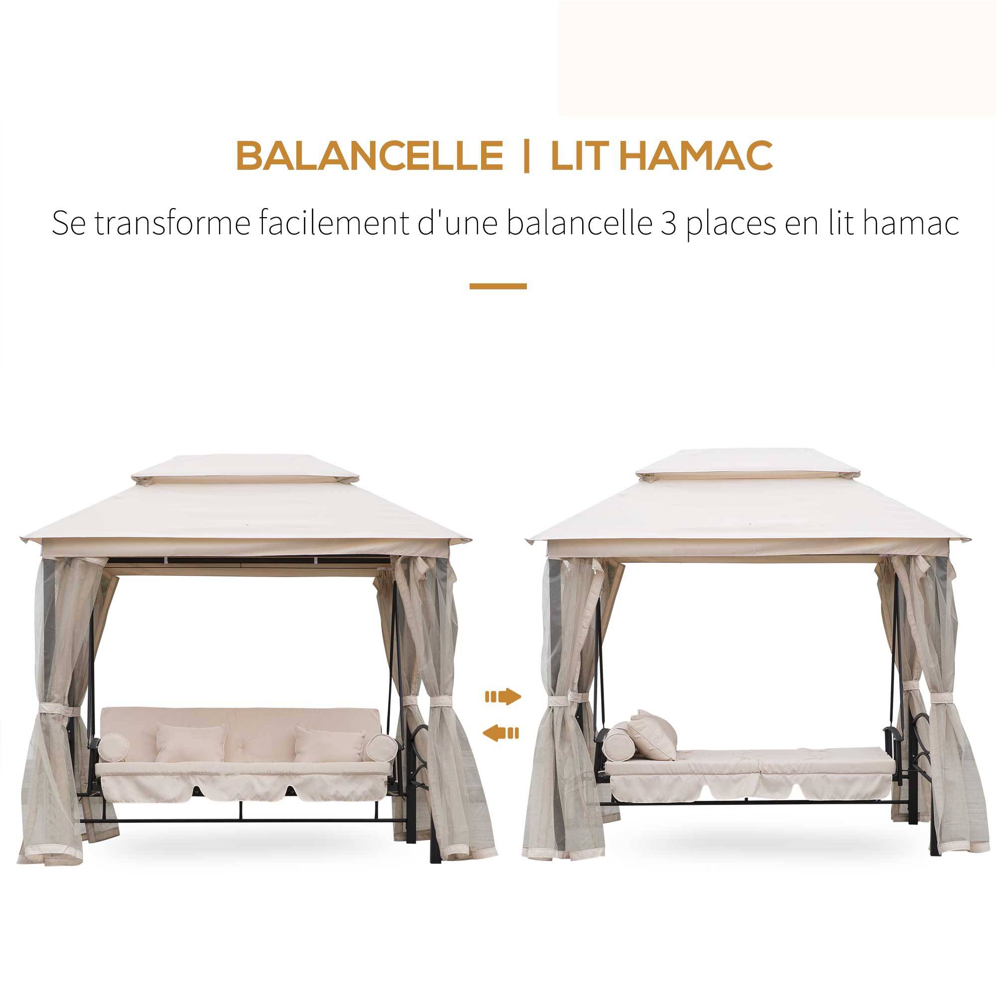 Outsunny - Balancelle de jardin 3 places convertible style colonial grand confort 2 coussins + matelas + moustiquaires inclus noir beige - Outsunny - Imagen 4