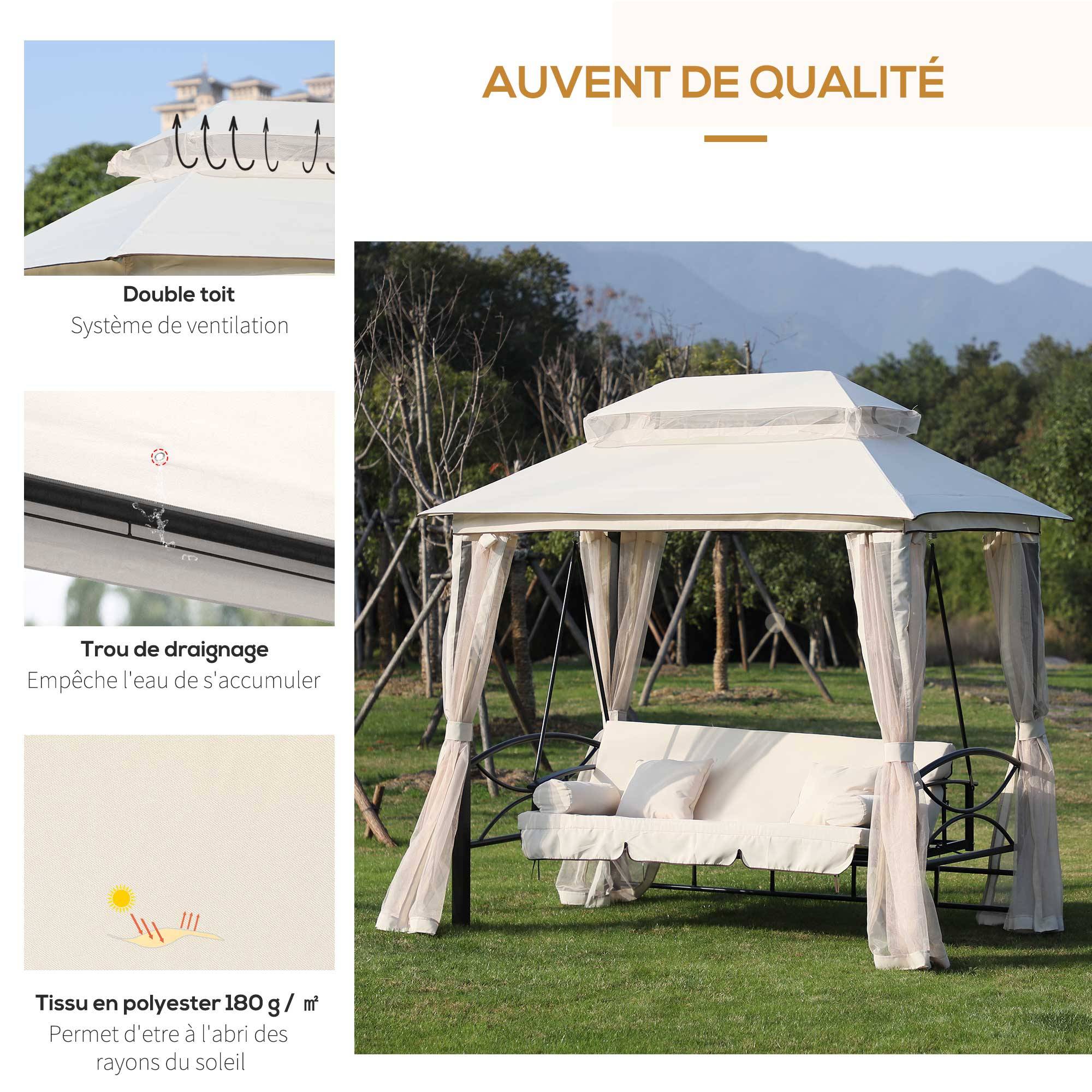 Outsunny - Balancelle de jardin 3 places convertible style colonial grand confort 2 coussins + matelas + moustiquaires inclus noir beige - Outsunny - Imagen 7