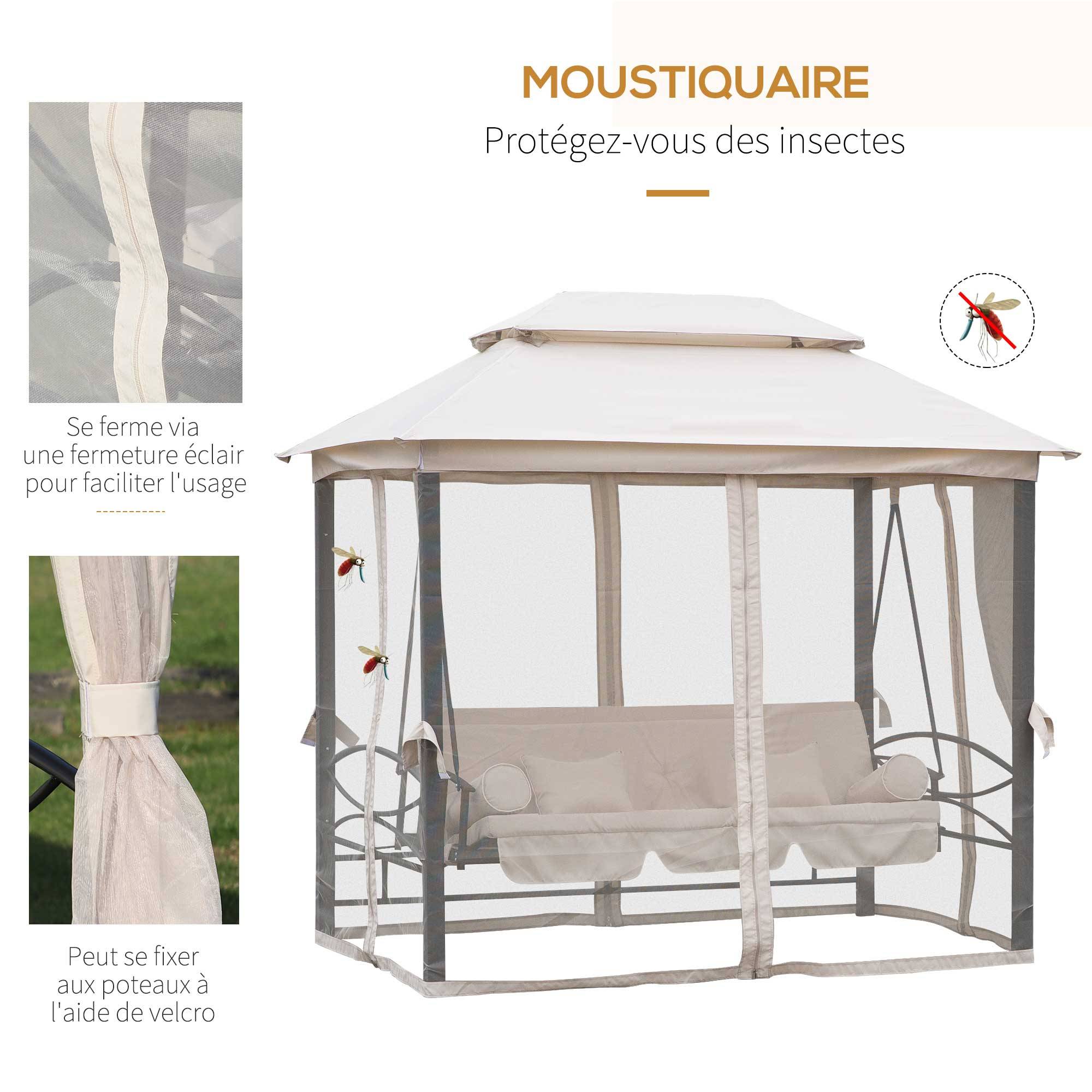 Outsunny - Balancelle de jardin 3 places convertible style colonial grand confort 2 coussins + matelas + moustiquaires inclus noir beige - Outsunny - Imagen 6