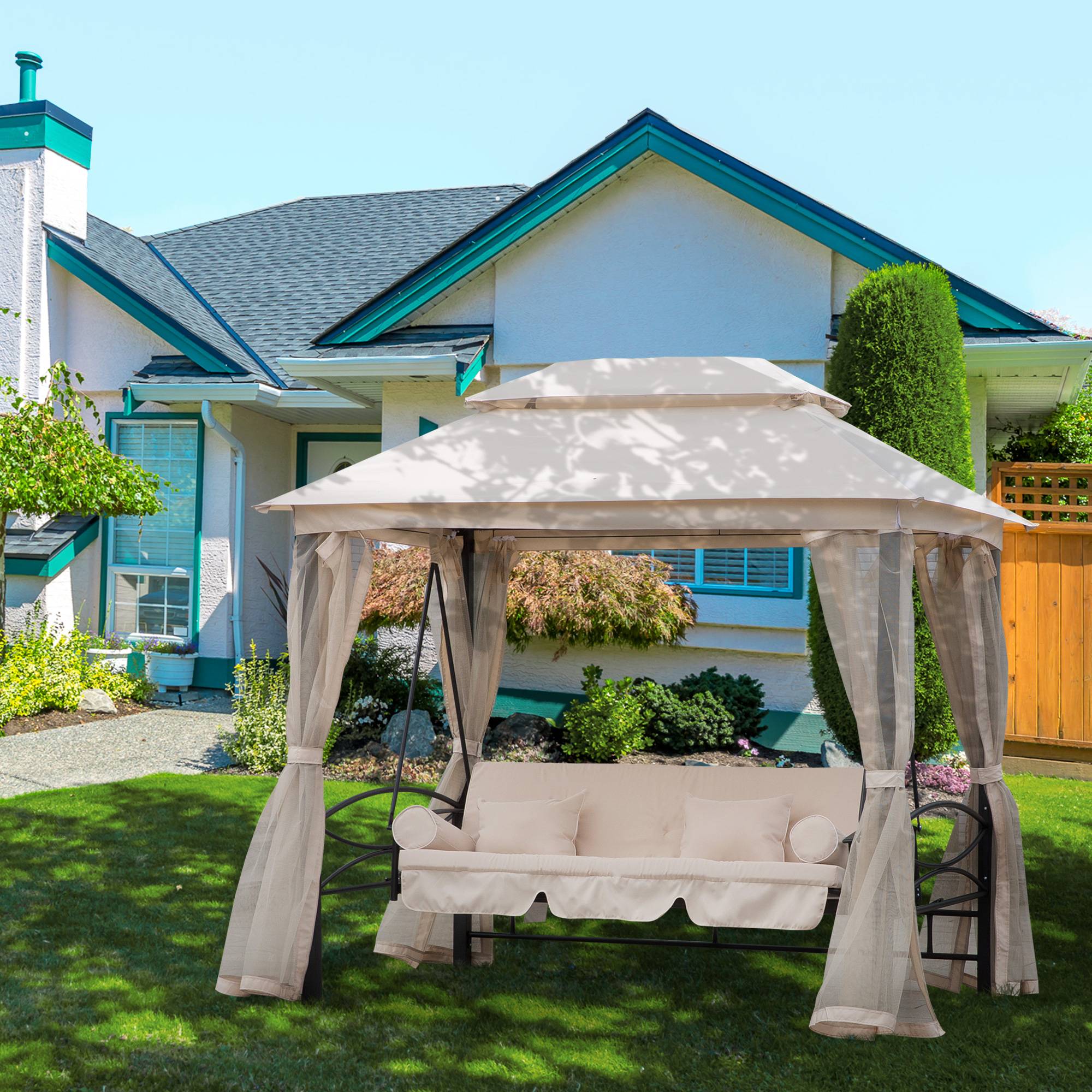 Outsunny - Balancelle de jardin 3 places convertible style colonial grand confort 2 coussins + matelas + moustiquaires inclus noir beige - Outsunny - Imagen 2