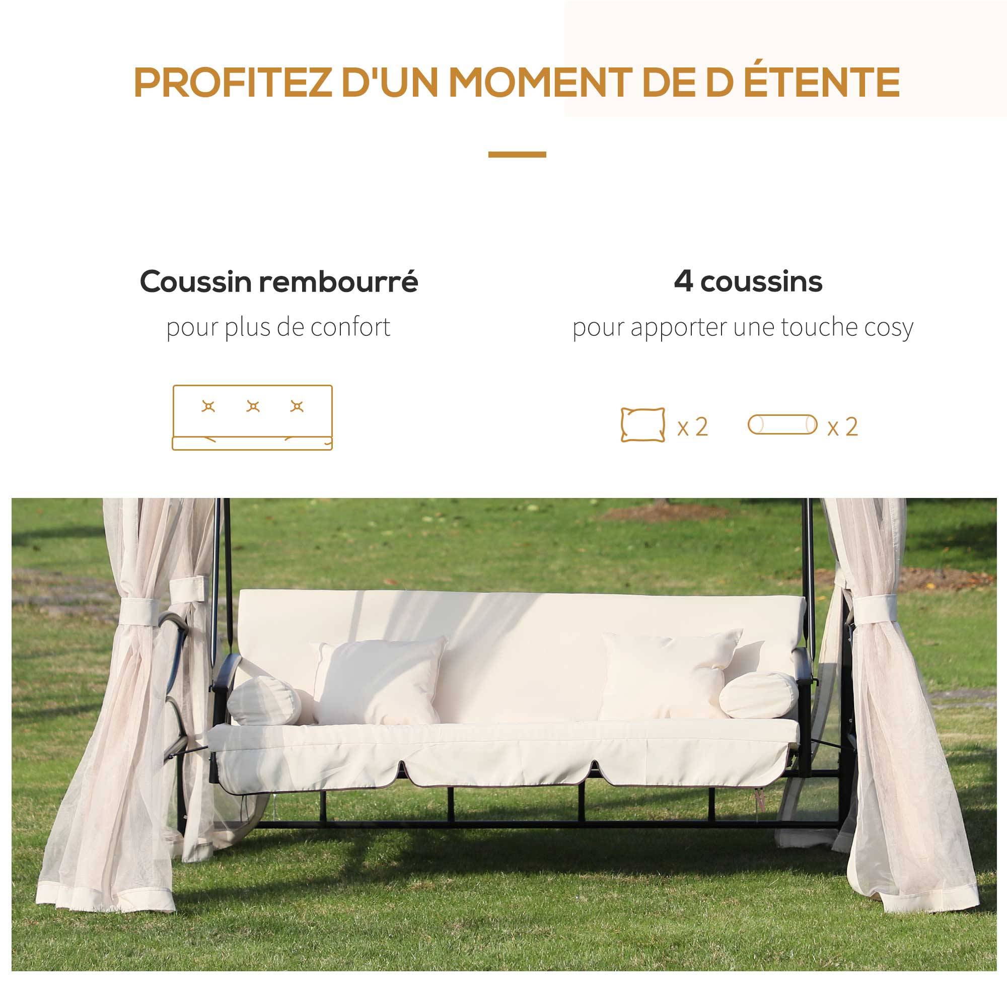 Outsunny - Balancelle de jardin 3 places convertible style colonial grand confort 2 coussins + matelas + moustiquaires inclus noir beige - Outsunny - Imagen 5
