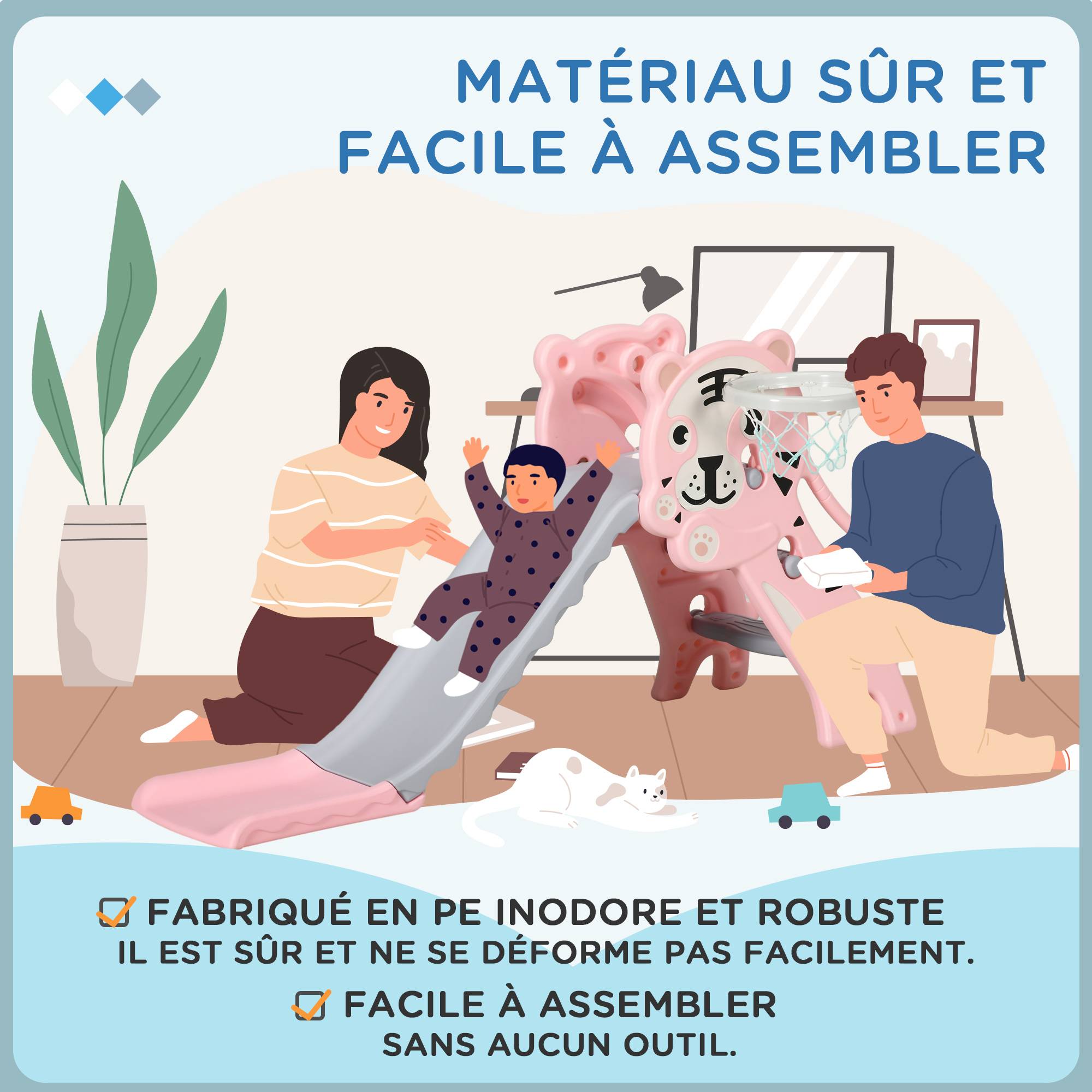 Toboggan pour enfants, toboggan intérieur pour enfants, avec panier de basket, thème tigre, de 18 à 36 mois, rose - Image 9