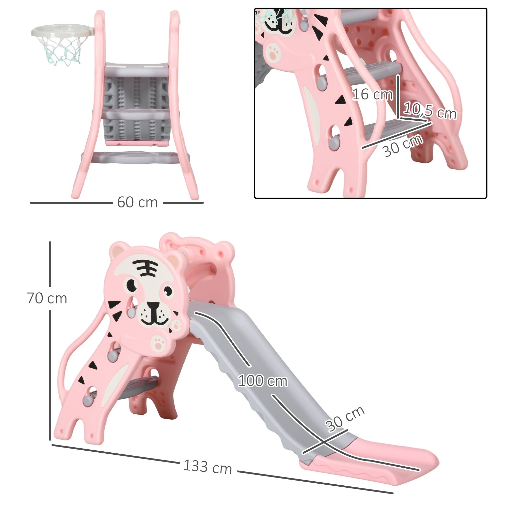 Toboggan pour enfants, toboggan intérieur pour enfants, avec panier de basket, thème tigre, de 18 à 36 mois, rose - Image 5