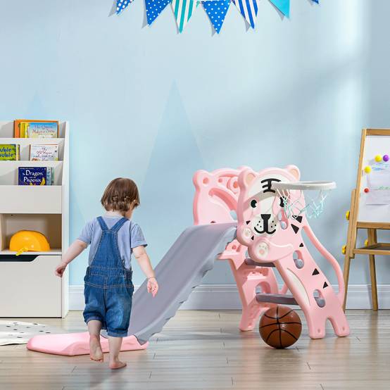 Toboggan pour enfants, toboggan intérieur pour enfants, avec panier de basket, thème tigre, de 18 à 36 mois, rose - Image 3