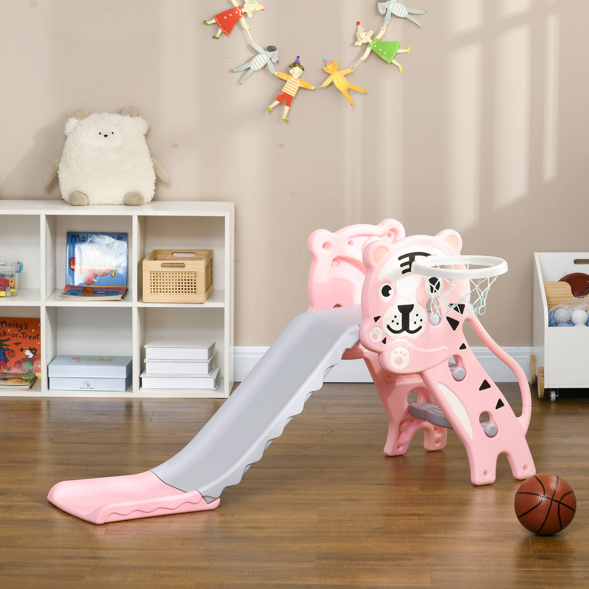 Toboggan pour enfants, toboggan intérieur pour enfants, avec panier de basket, thème tigre, de 18 à 36 mois, rose - Image 4