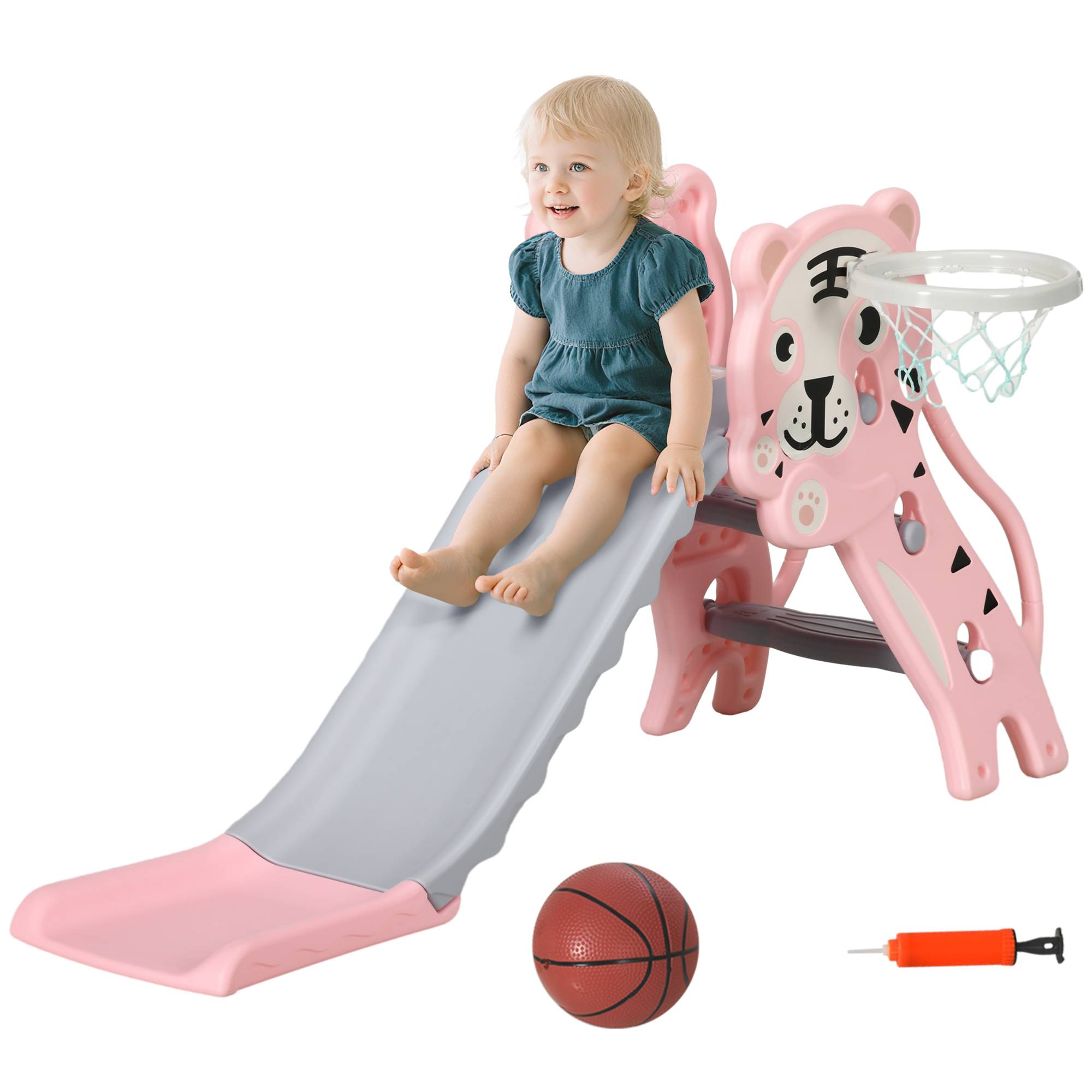 Toboggan pour enfants, toboggan intérieur pour enfants, avec panier de basket, thème tigre, de 18 à 36 mois, rose - Image 1
