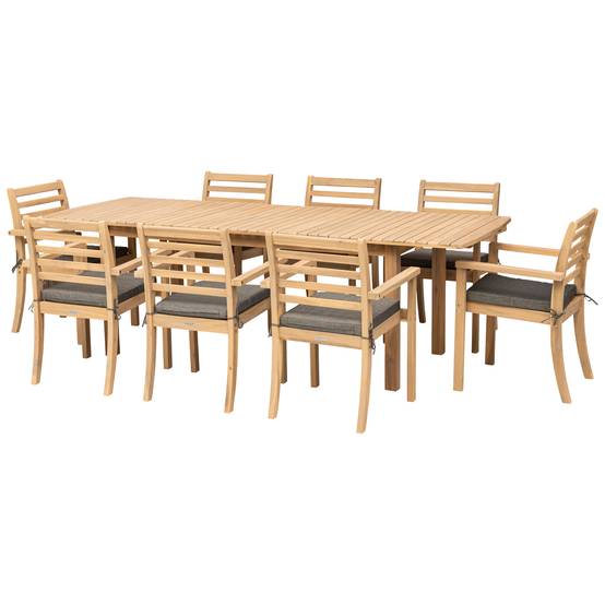 Salon de jardin extensible 180/240cm PADAR en acacia 8 places - coussins gris - HAPPY GARDEN - Image 1
