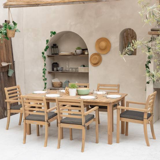 Salon de jardin extensible 180/240cm PADAR en acacia 8 places - coussins gris - HAPPY GARDEN - Image 5