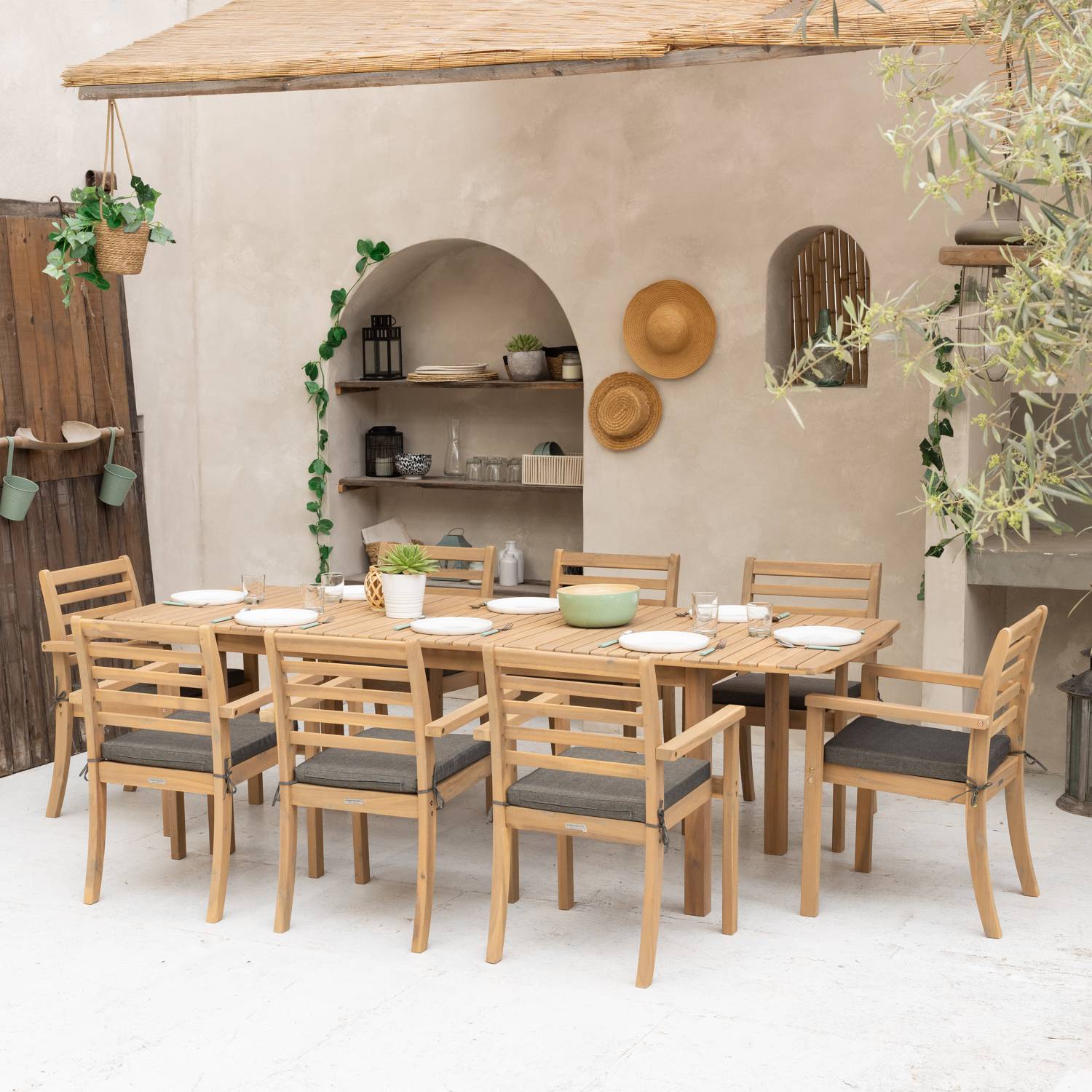 Salon de jardin extensible 180/240cm PADAR en acacia 8 places - coussins gris - HAPPY GARDEN - Image 2