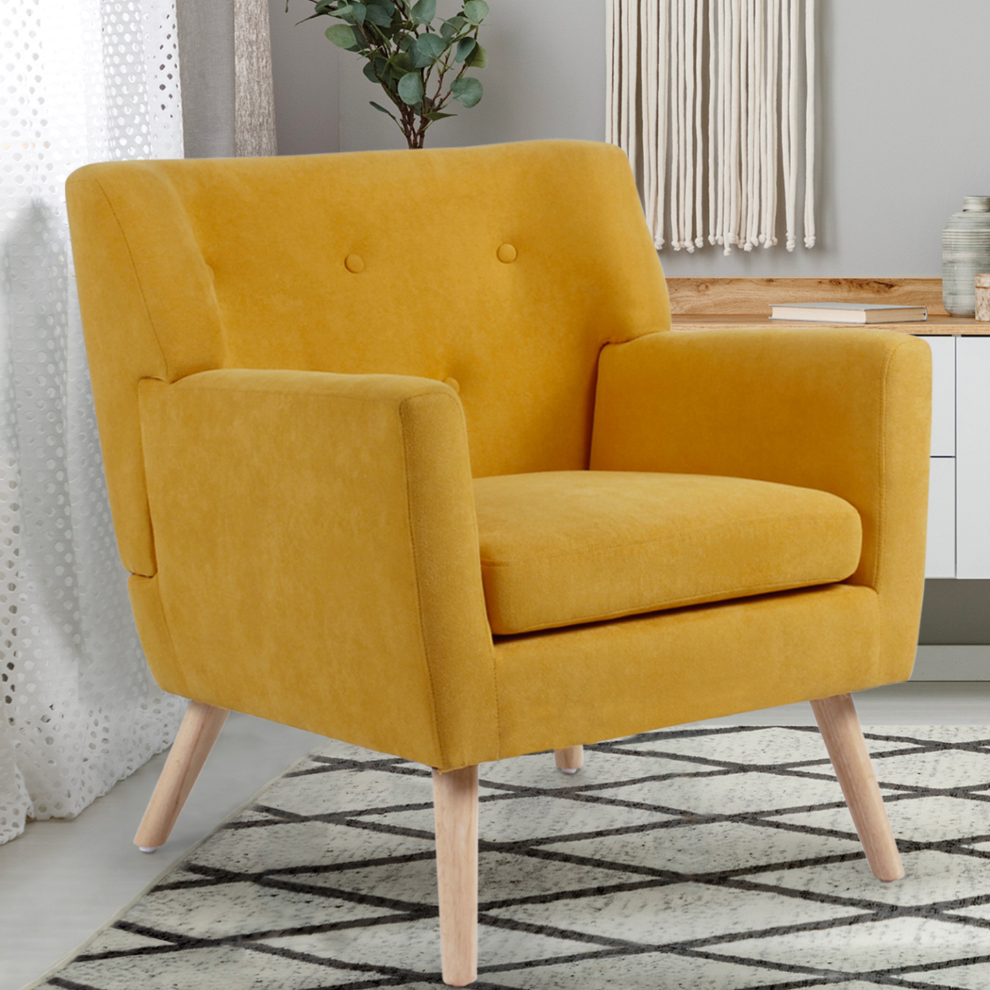Fauteuil scandinave LIV en tissu jaune moutarde - Image 1