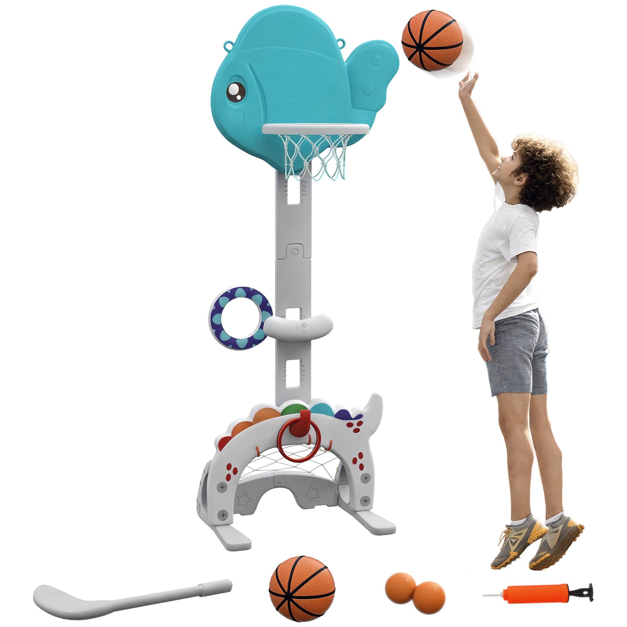 Sans Marque - Panier basket enfants 5en1 hauteur réglable 134-152 cm ballons pompe foot golf intérieur extérieur - Image 1