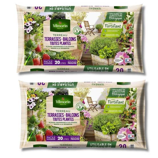 Terreau Terrasses et Balcons Vilmorin, Lot de 2 Sacs de 20L