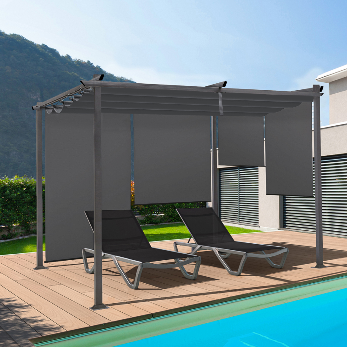 Pergola édition spéciale toit rétractable 3x4 M et 4 stores gris anthracite - Image 1