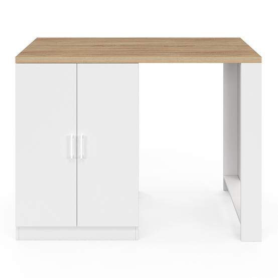 Ilot central LINO 120 cm 2 personnes bois blanc et plan de travail façon hêtre et portes vitrées - Image 4