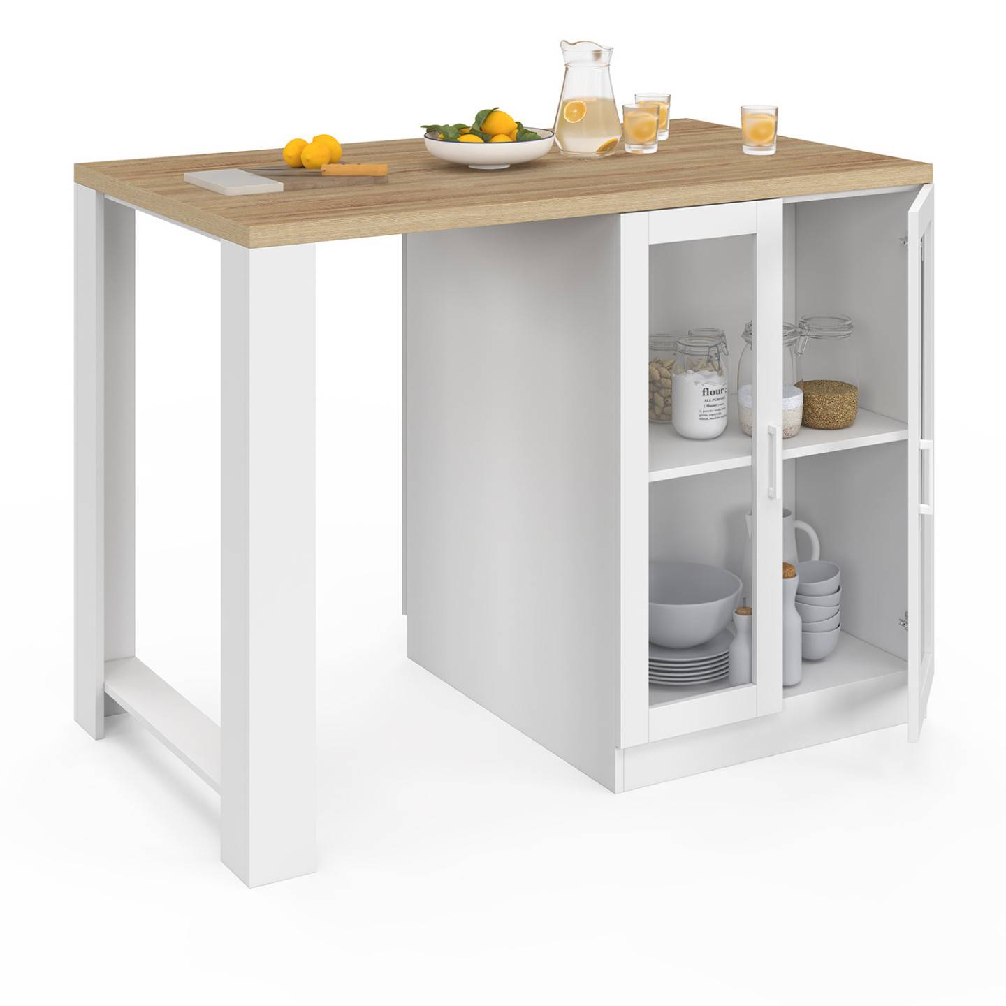 Ilot central LINO 120 cm 2 personnes bois blanc et plan de travail façon hêtre et portes vitrées - Image 5