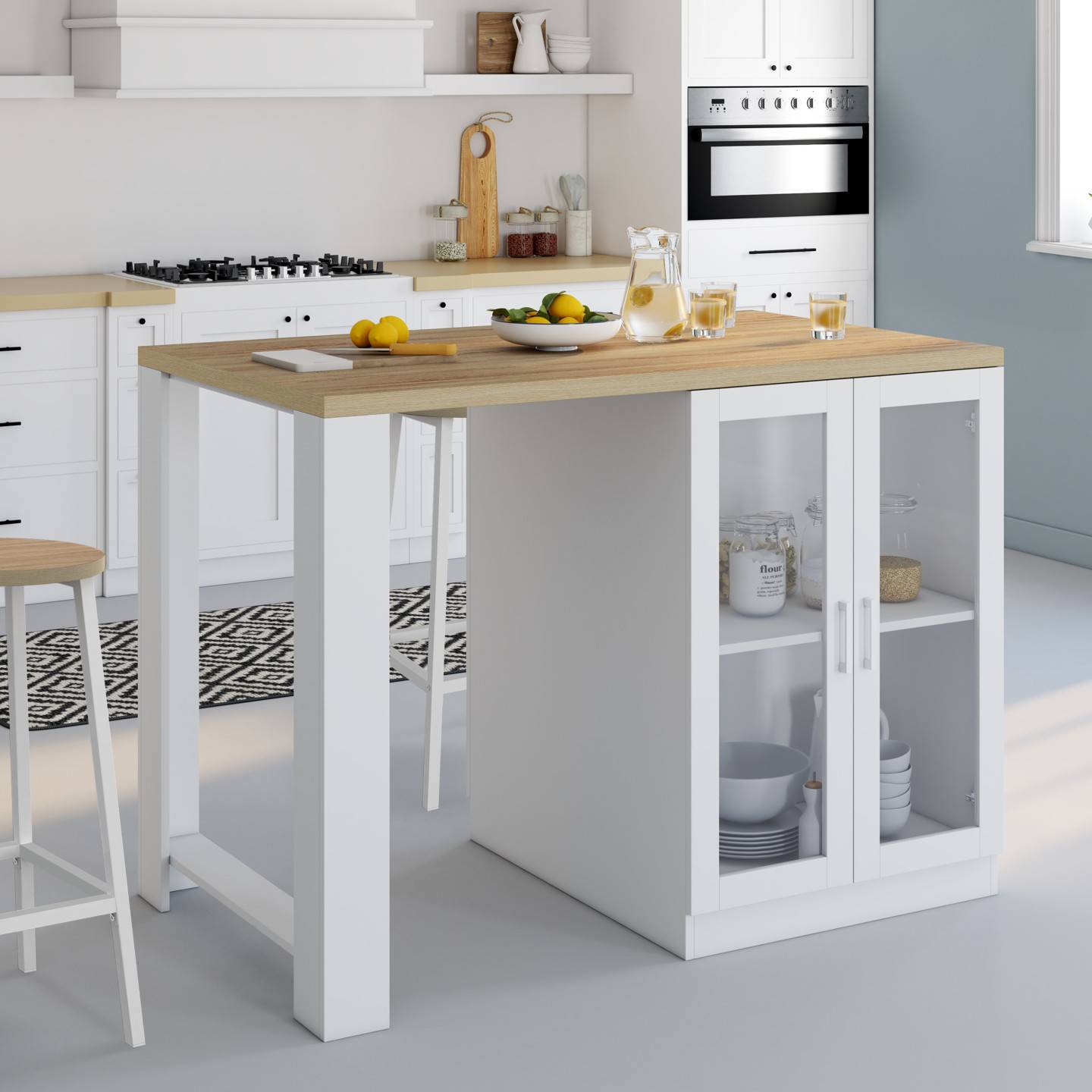 Ilot central LINO 120 cm 2 personnes bois blanc et plan de travail façon hêtre et portes vitrées - Image 1
