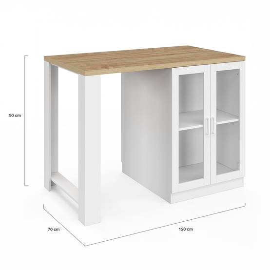 Ilot central LINO 120 cm 2 personnes bois blanc et plan de travail façon hêtre et portes vitrées - Image 6