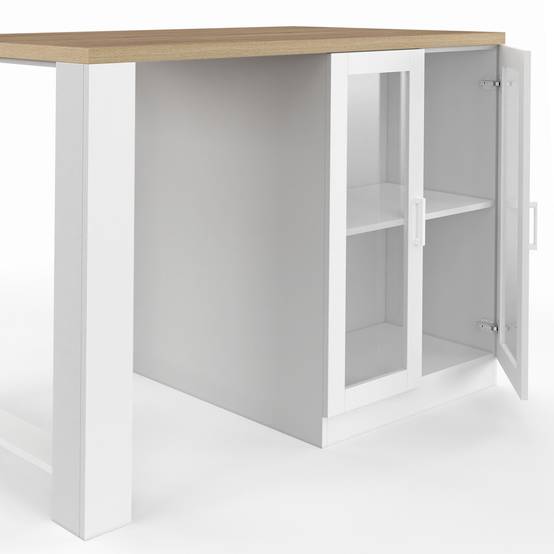 Ilot central LINO 120 cm 2 personnes bois blanc et plan de travail façon hêtre et portes vitrées - Image 7