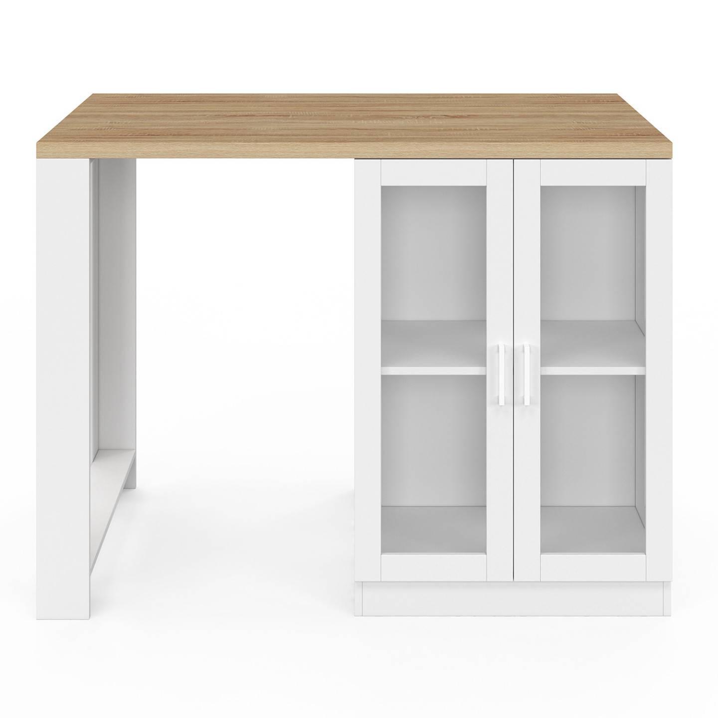 Ilot central LINO 120 cm 2 personnes bois blanc et plan de travail façon hêtre et portes vitrées - Image 3