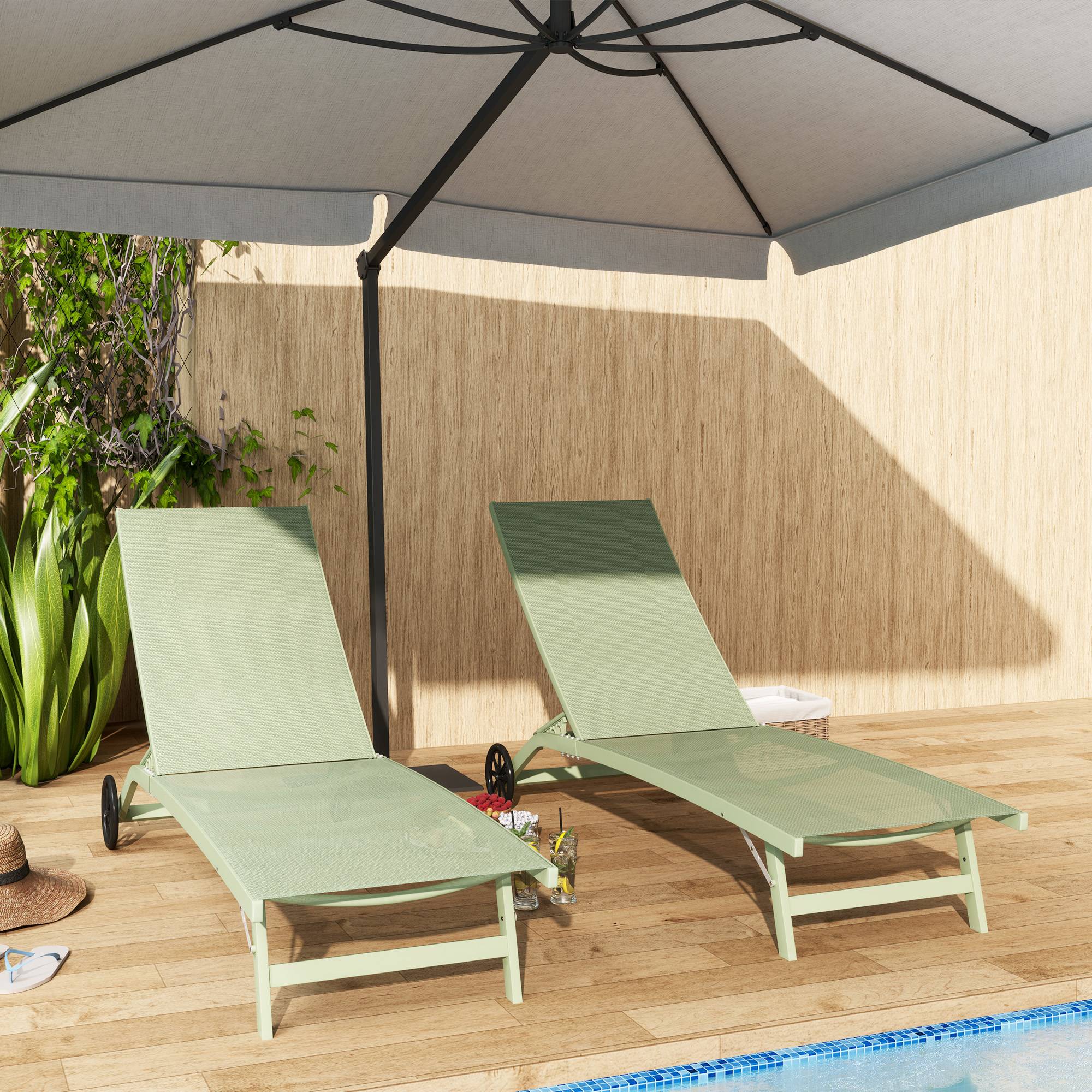 Outsunny - Lot de 2 bains de soleil transat chaises longues inclinables, roulettes, dossier multipositions 150kg aluminium/textilène vert foncé - Outsunny - Image 5