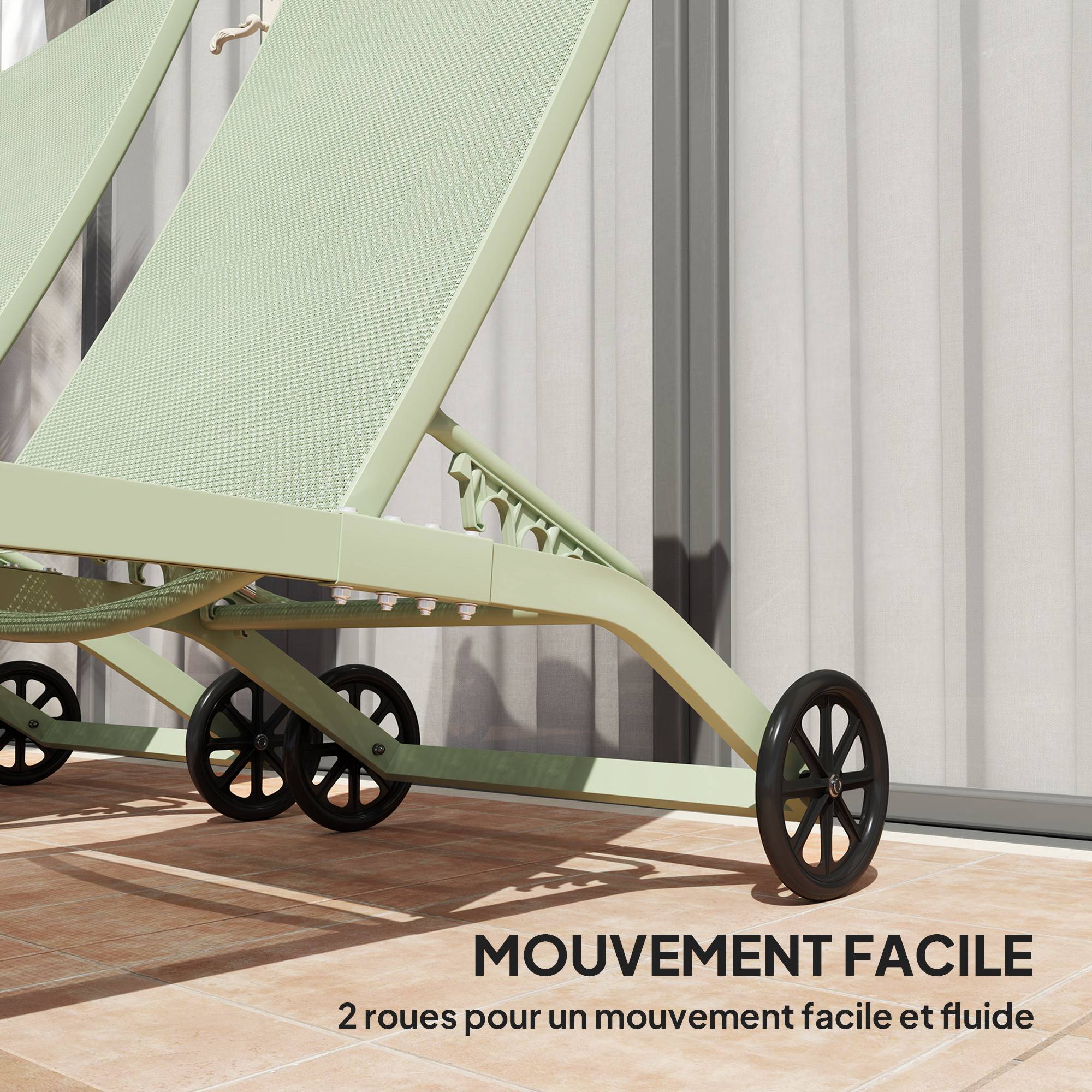 Outsunny - Lot de 2 bains de soleil transat chaises longues inclinables, roulettes, dossier multipositions 150kg aluminium/textilène vert foncé - Outsunny - Image 7