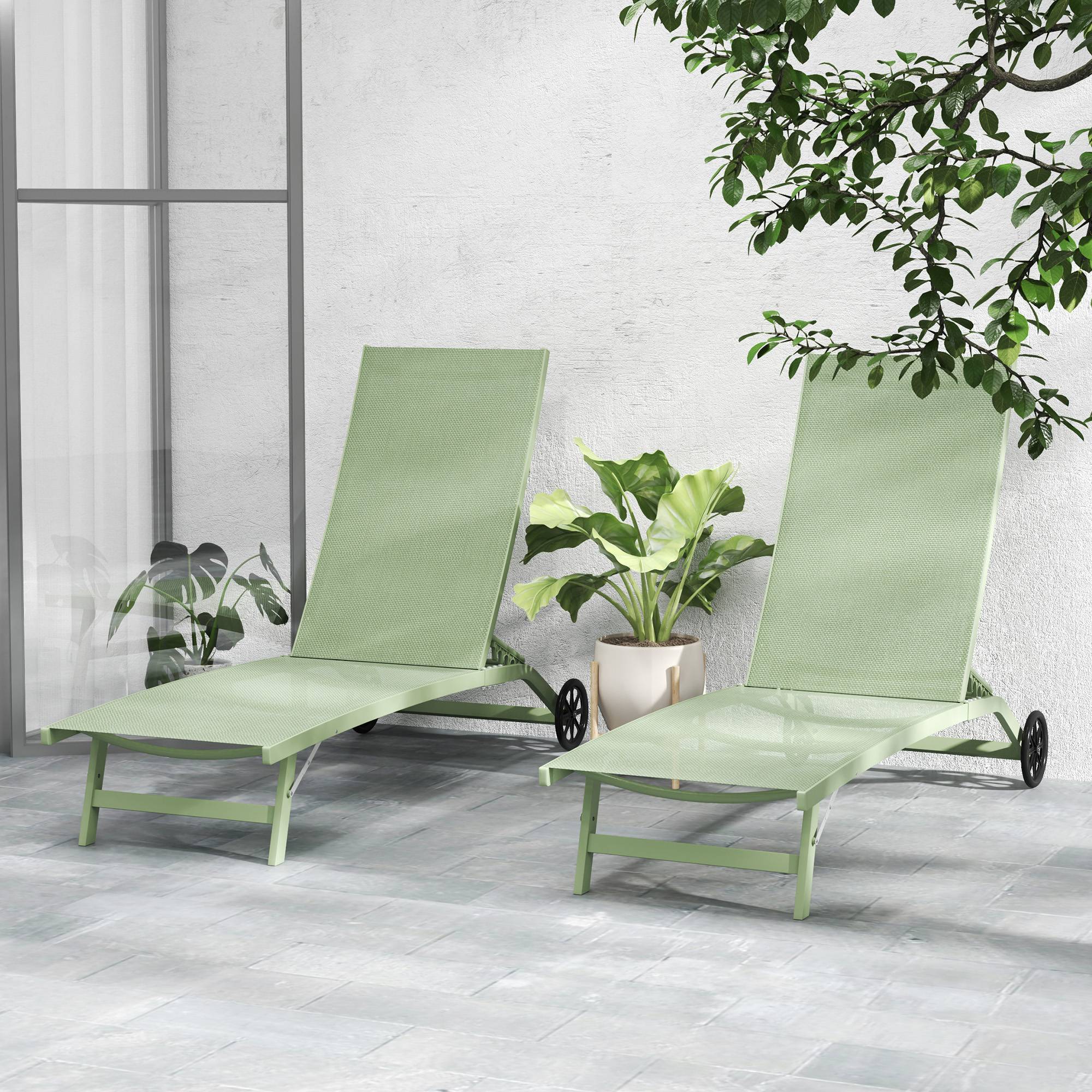 Outsunny - Lot de 2 bains de soleil transat chaises longues inclinables, roulettes, dossier multipositions 150kg aluminium/textilène vert foncé - Outsunny - Image 2