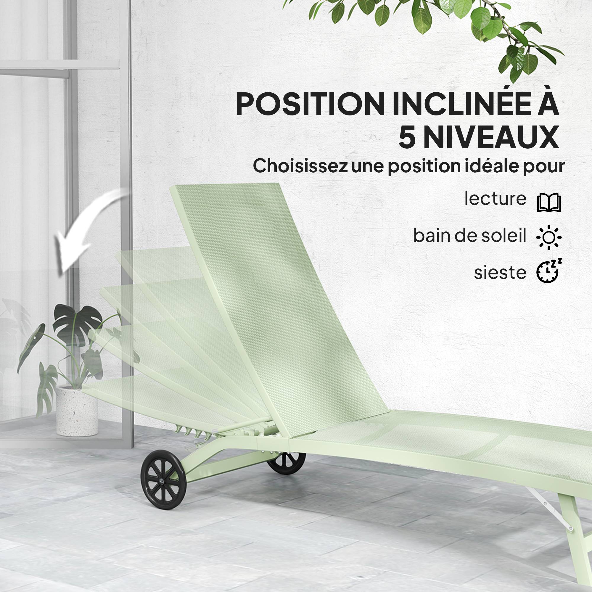 Outsunny - Lot de 2 bains de soleil transat chaises longues inclinables, roulettes, dossier multipositions 150kg aluminium/textilène vert foncé - Outsunny - Image 6