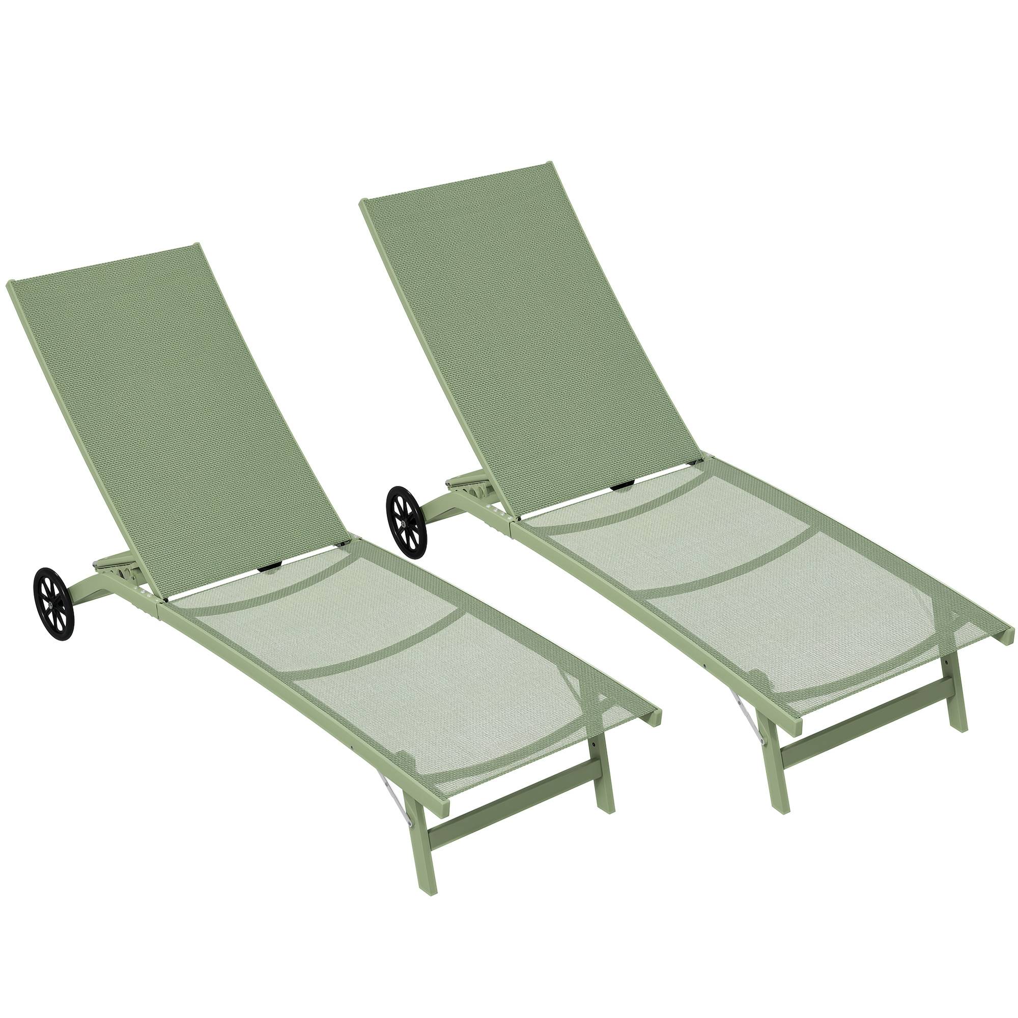 Outsunny - Lot de 2 bains de soleil transat chaises longues inclinables, roulettes, dossier multipositions 150kg aluminium/textilène vert foncé - Outsunny - Image 1