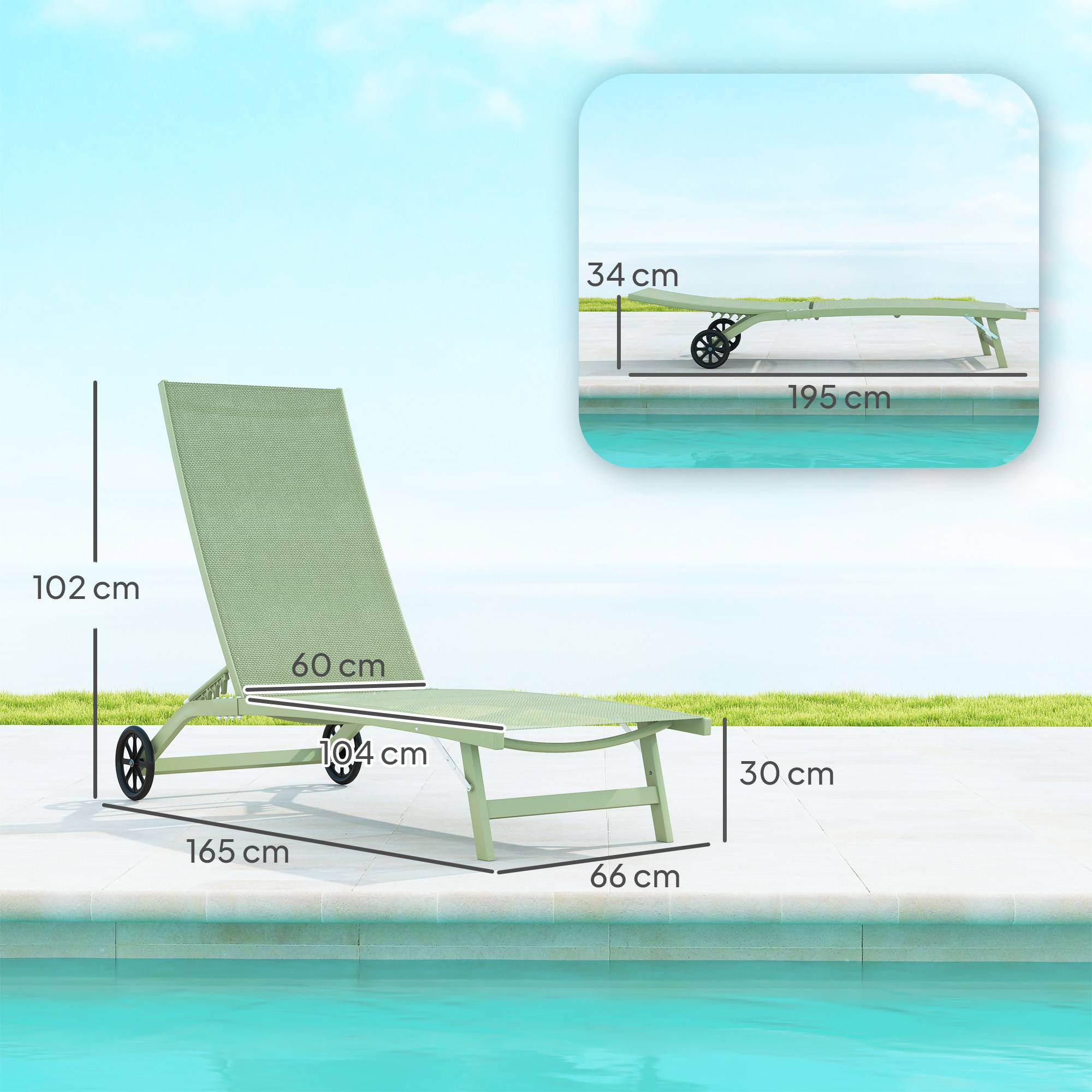 Outsunny - Lot de 2 bains de soleil transat chaises longues inclinables, roulettes, dossier multipositions 150kg aluminium/textilène vert foncé - Outsunny - Image 3