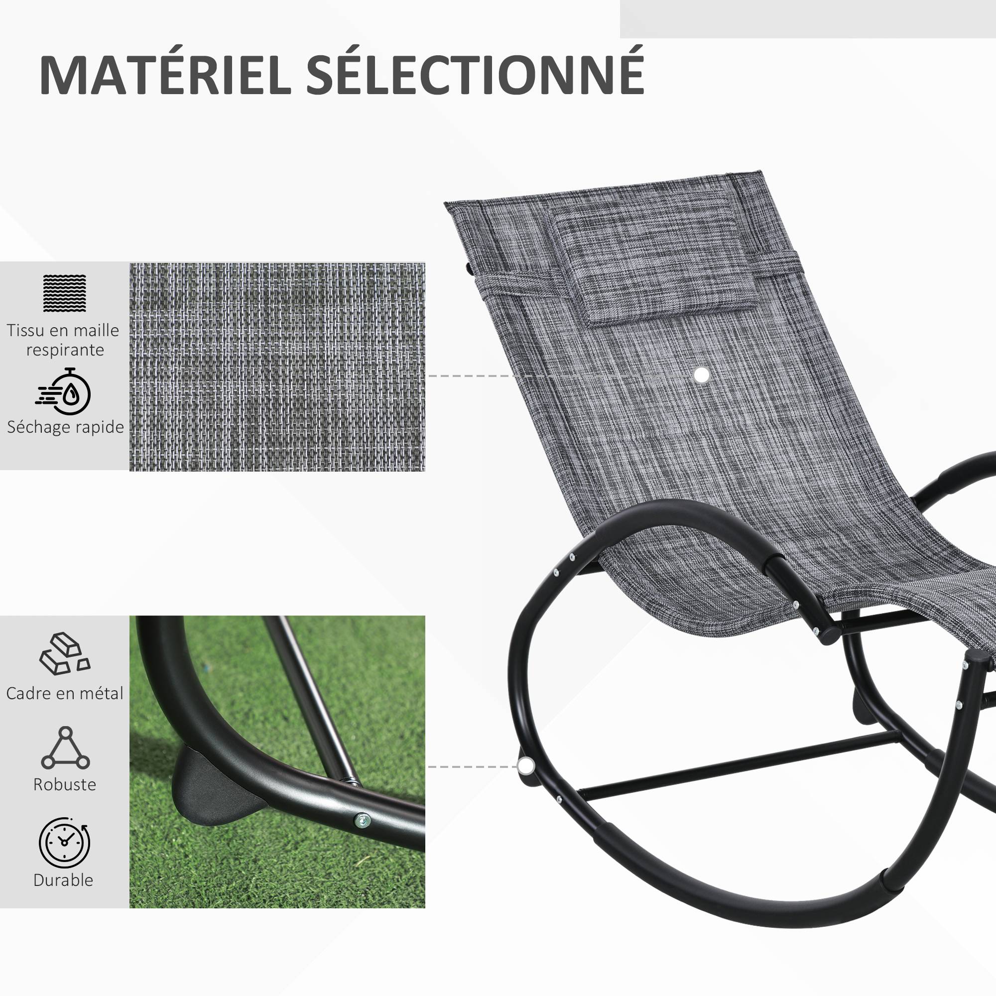 Chaise longue à bascule avec tétière utilisation extérieure intérieure gris chiné - Image 9