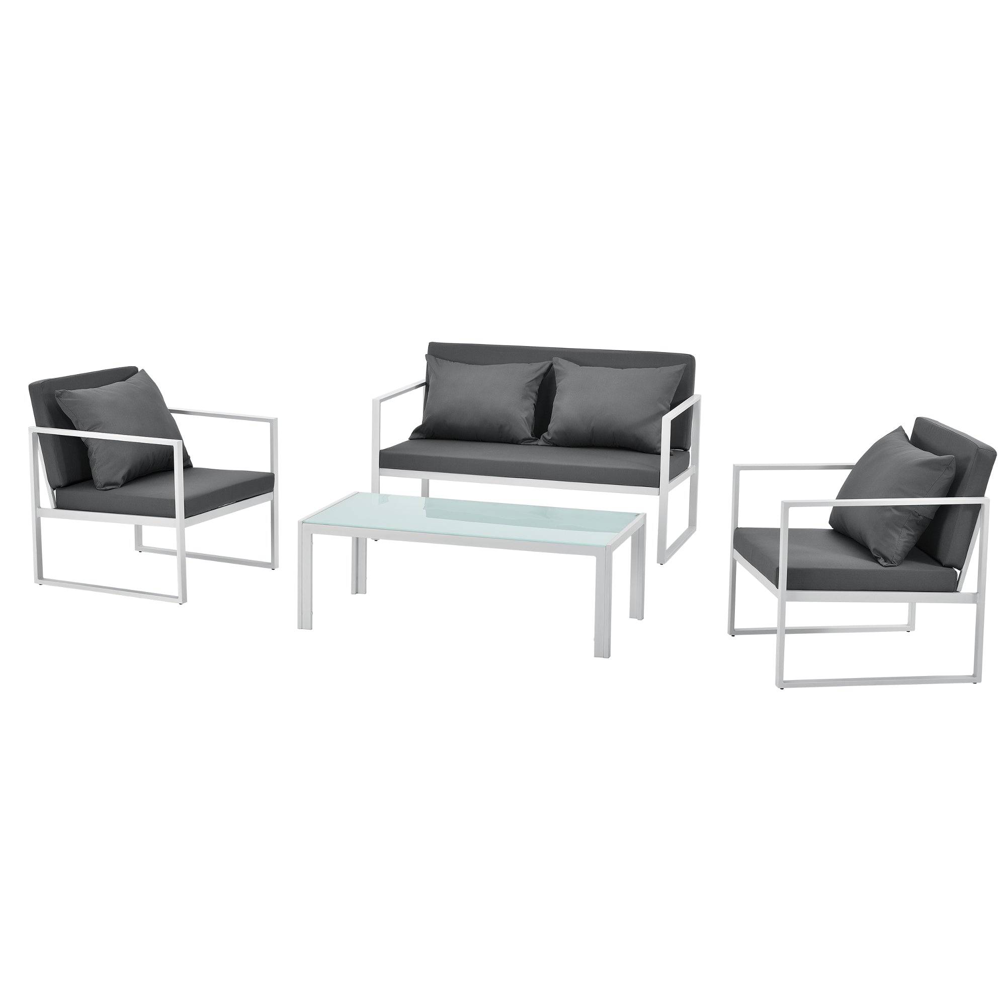 Helloshop26 - Salon de jardin ensemble de jardin table basse avec canapé et chaises extérieures métal verre polyester blanc - Imagen 1