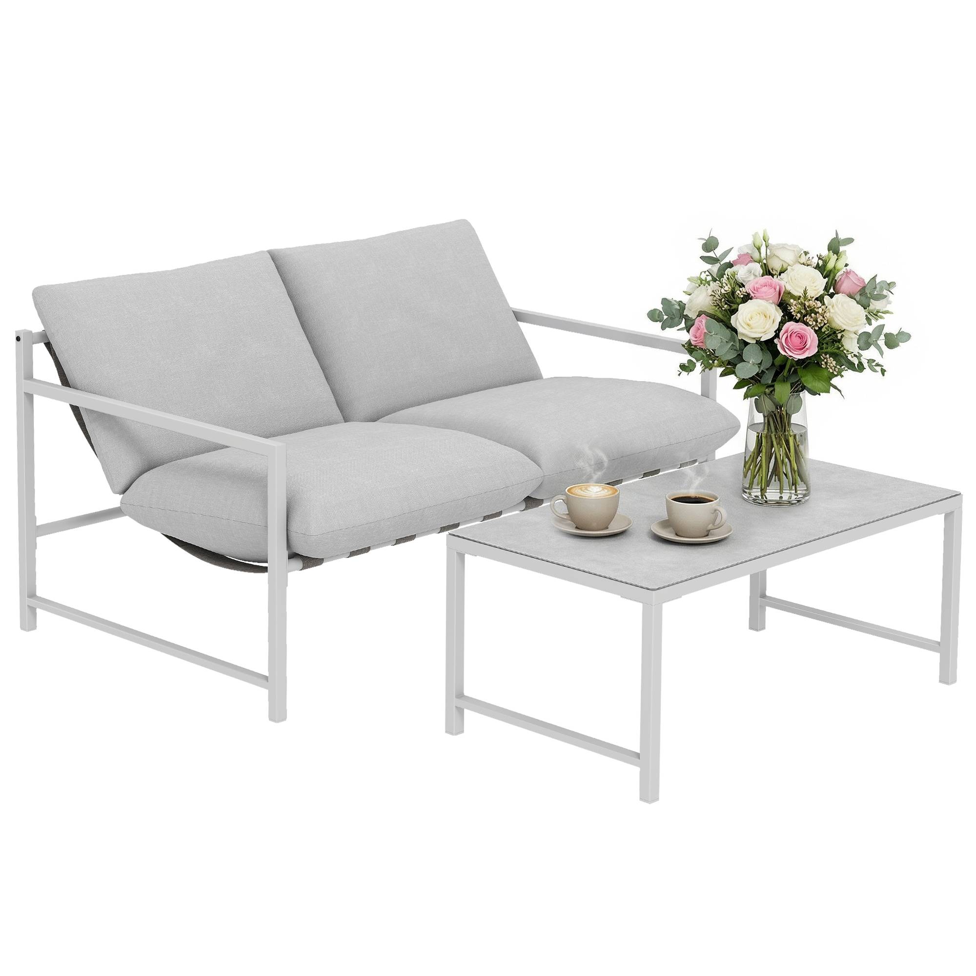 Salon de jardin extérieur 2 personnes, table de jardin extérieure avec 2 chaises, 4 coussins cadre en acier gris - Image 1