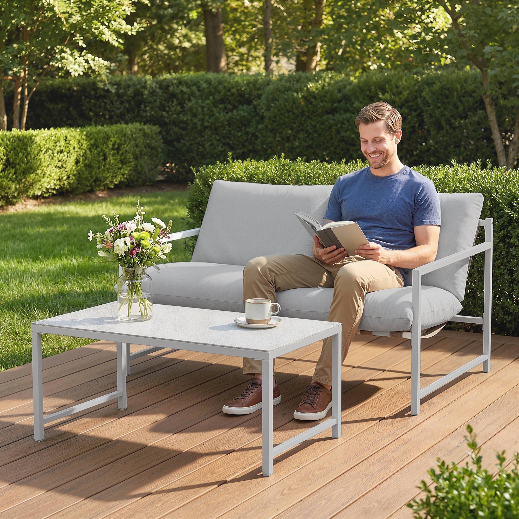 Salon de jardin extérieur 2 personnes, table de jardin extérieure avec 2 chaises, 4 coussins cadre en acier gris - Image 4
