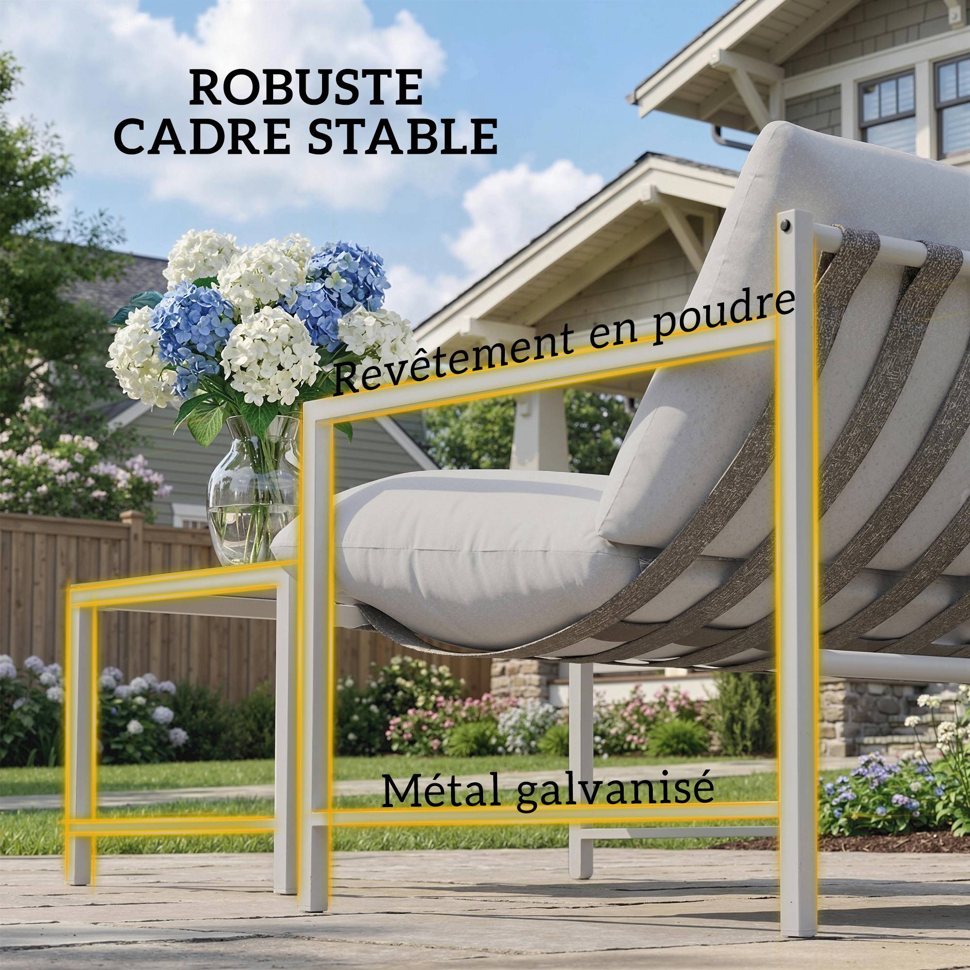 Salon de jardin extérieur 2 personnes, table de jardin extérieure avec 2 chaises, 4 coussins cadre en acier gris - Image 8