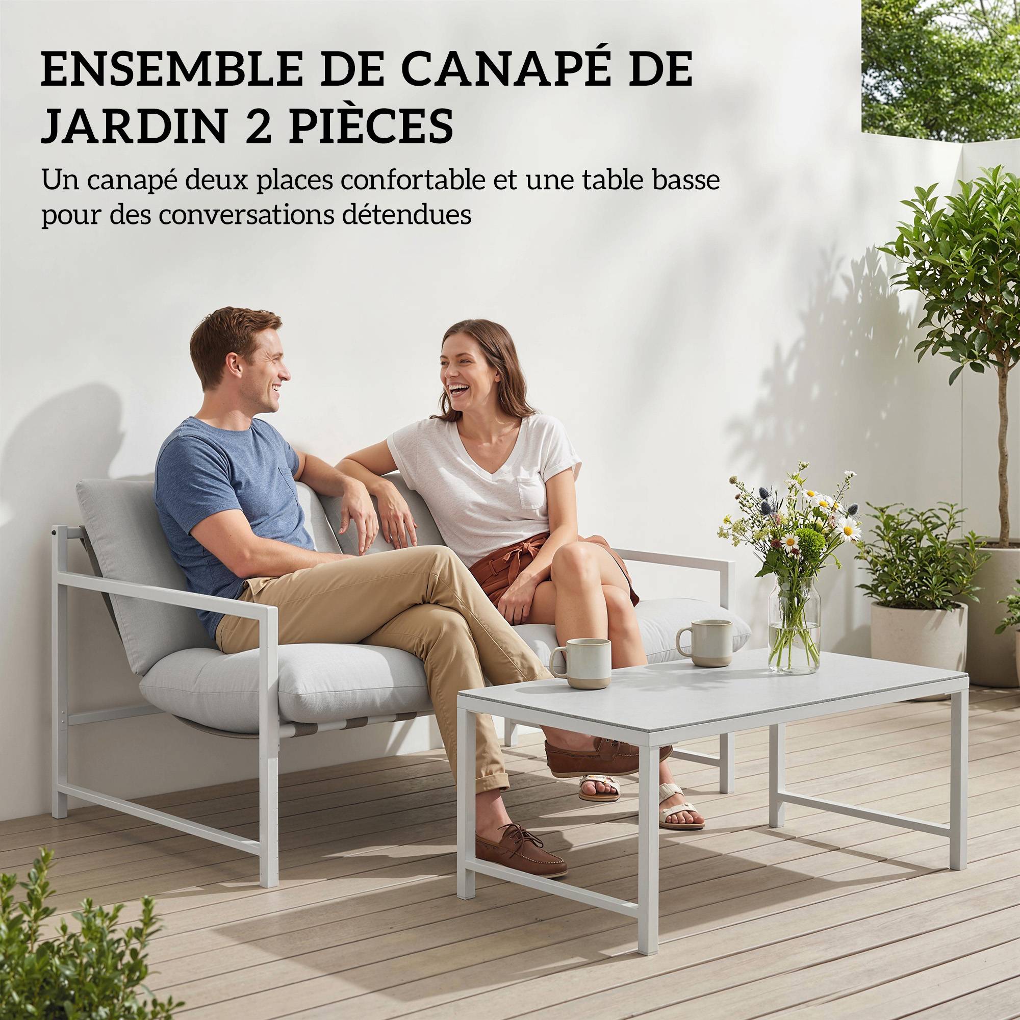 Salon de jardin extérieur 2 personnes, table de jardin extérieure avec 2 chaises, 4 coussins cadre en acier gris - Image 6