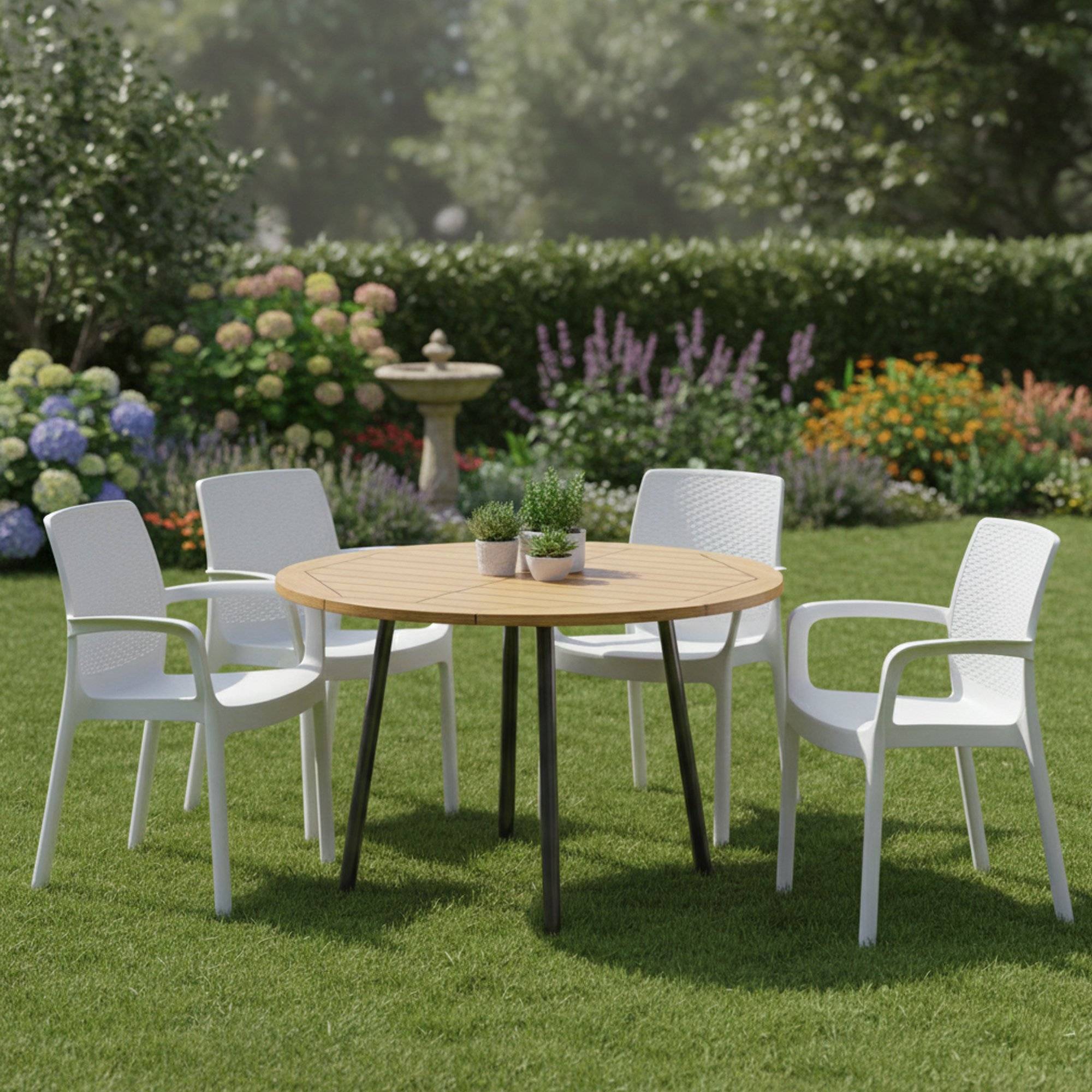 Dmora - Ensemble de 4 chaises d'extérieur Dnardin, Sièges de jardin, Chaise de table à manger, Fauteuil d'extérieur effet rotin, 54x60h82 cm, Blanc - Dmora - Imagen 2