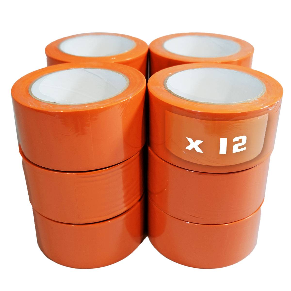Lot de 12 Rubans adhésifs PVC orange bâtiment 75 mm x 33 m - Rouleau adhésif de chantier orange TECPLAST - Image 1