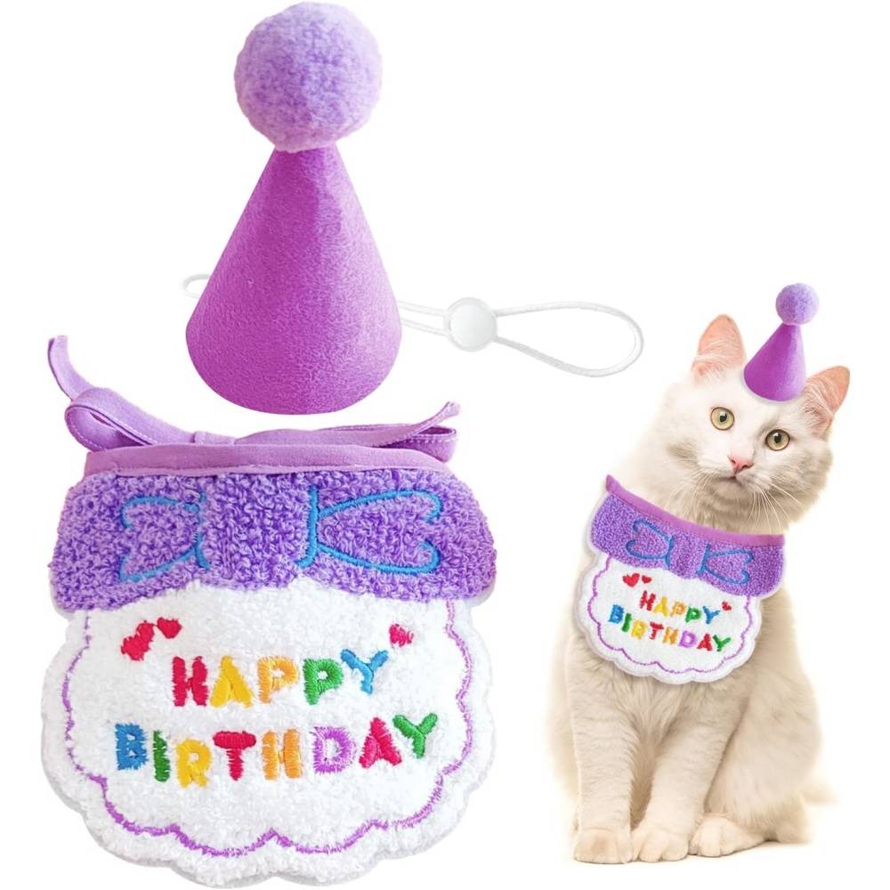 Set fête anniversaire chien/chat - Bandana + chapeau réglables - Motif "Joyeux Anniversaire" - Violet - Living123