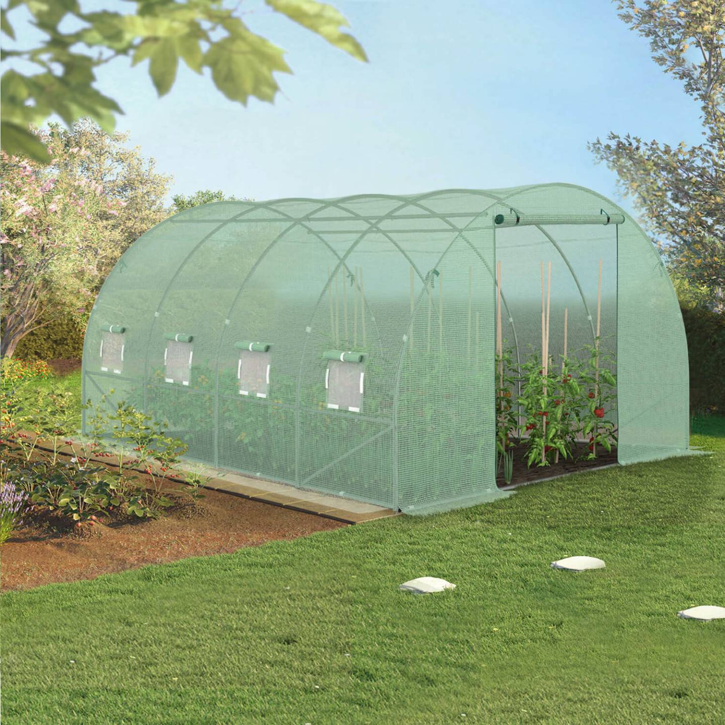 IDMARKET - Bâche de rechange pour serre de jardin tunnel 12m² 4 x 3 x 2 m anti-UV avec porte et fenêtres ZEBRA verte - Image 1