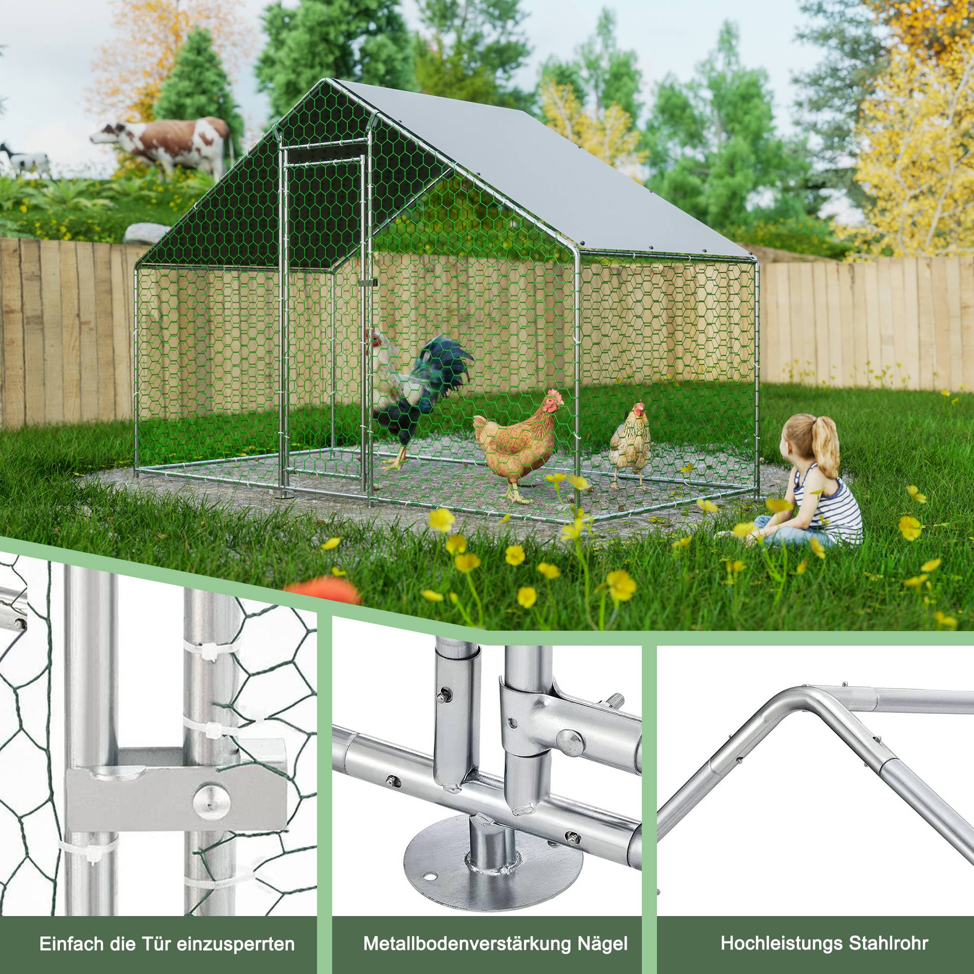 Enclos Poulailler Acier Galvanisé pour Poules Lapins Toit Imperméable 3x1.5x2m - ComfortXL Outdoor Living - Image 3