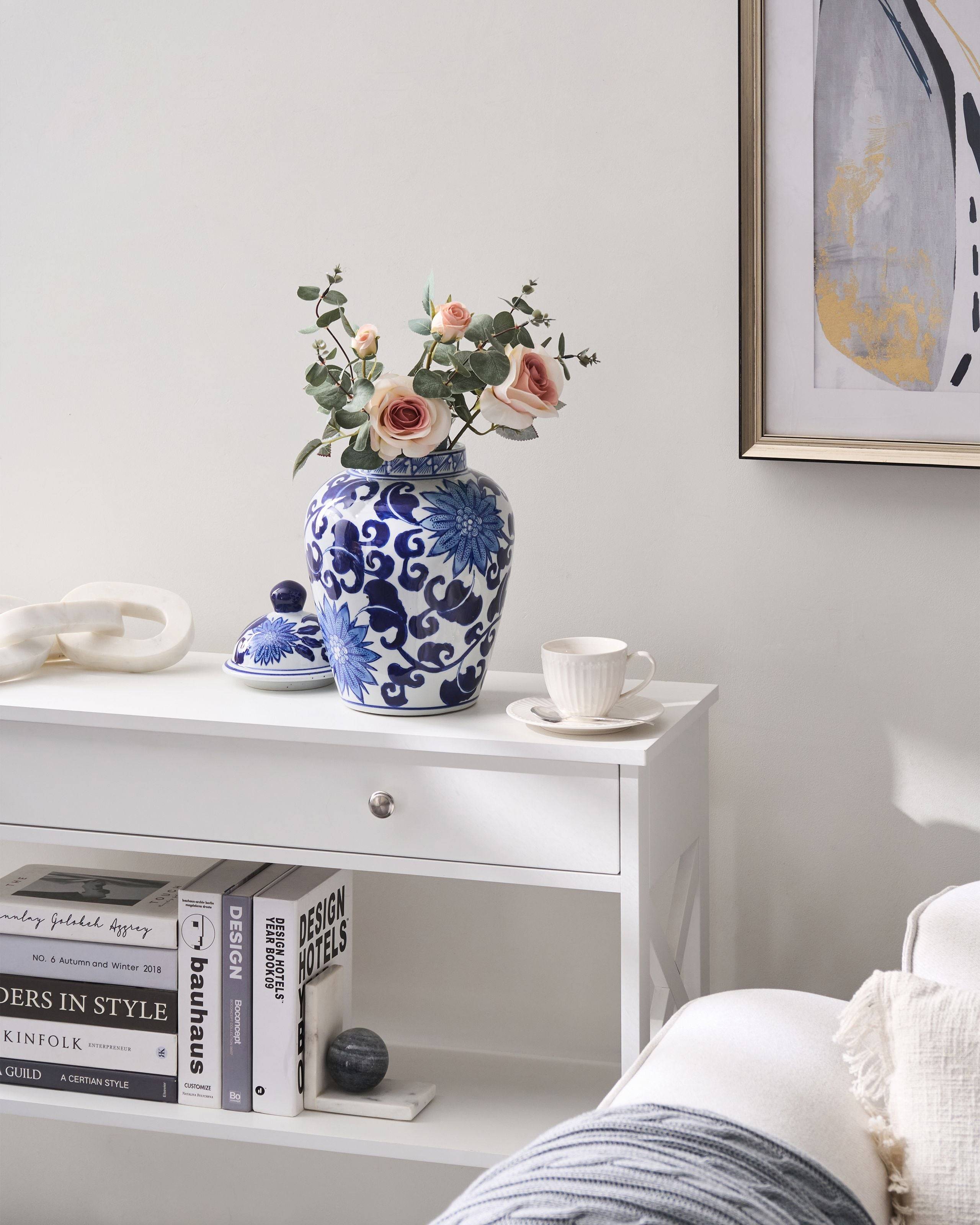 Beliani - Vase avec couvercle Porcelaine Blanc/bleu CUENCA - 18x18x36- Beliani - Image 1