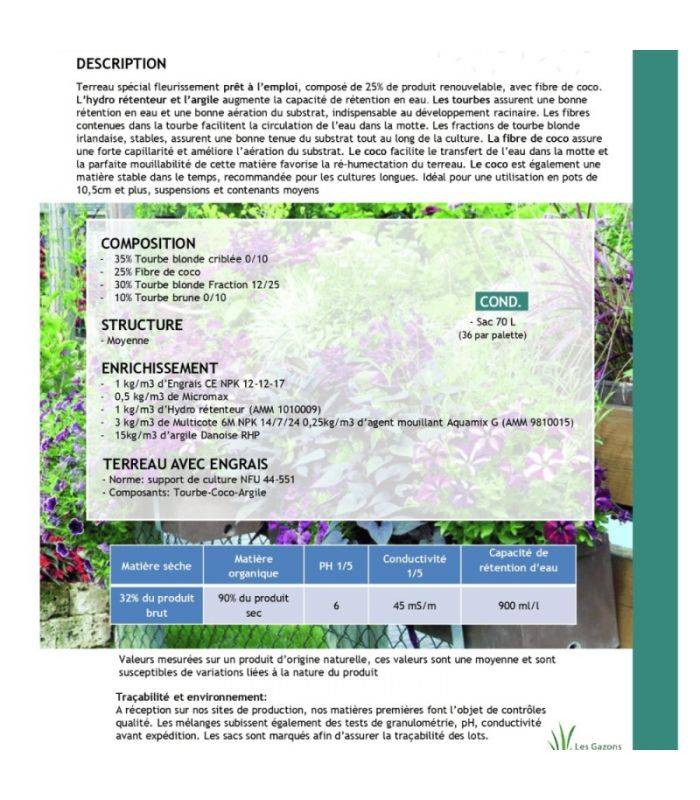 Terreau complet prêt à l'emploi Flori Fleurissement PAE 70L, idéal pour pots et balcon - Florivert NEG01617 - Image 3