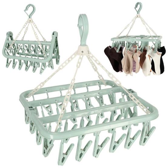 Étendoir à Chaussettes Avec 32 Pinces - Séchoir Linge Intérieur Extérieur Pliable Bleu Clair