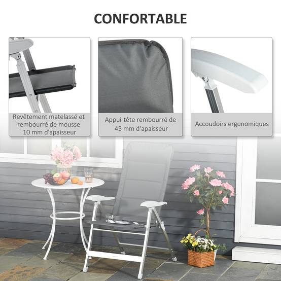 Chaise de jardin pliante aluminium et tissu gris 75 x 61.5 x 115 cm - PANGIVO - Image 9
