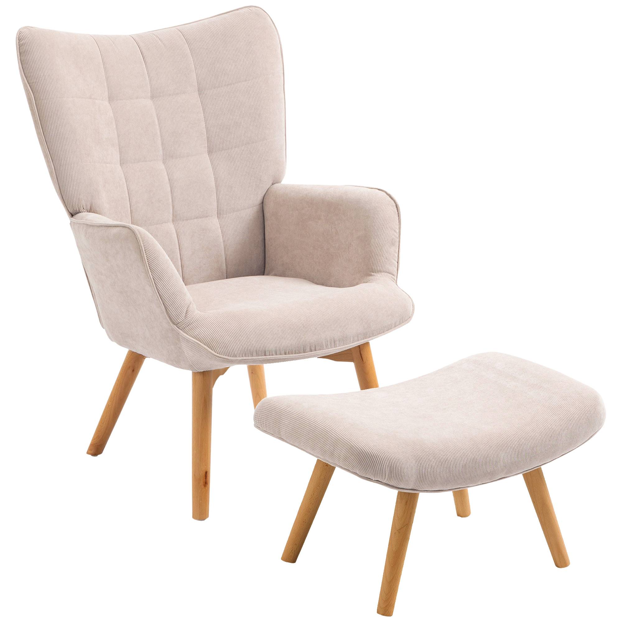 Sans Marque - Fauteuil avec repose pied, dossier haut, pieds en bois et tissu aspect velours côtelé, pour salon chambre à coucher beige - Image 2