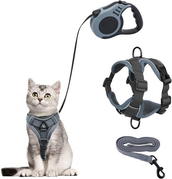 Harnais de 5M S avec Laisse Enrouleur pour Chat gris