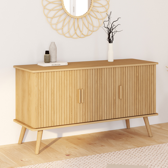 Buffet 110 cm JULIETTE 3 portes lattes tasseau bois coloris chêne - Image 1